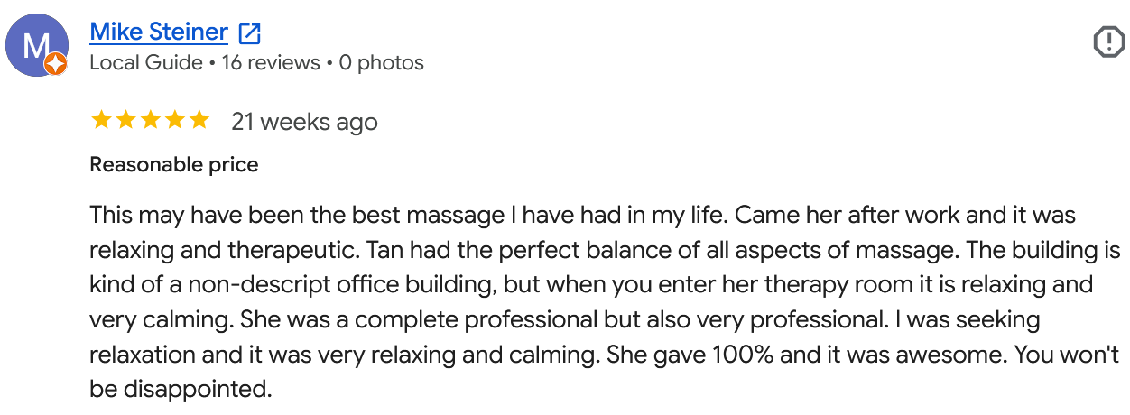 Screenshot of a Google review by Mike Steiner about a massage therapy session.