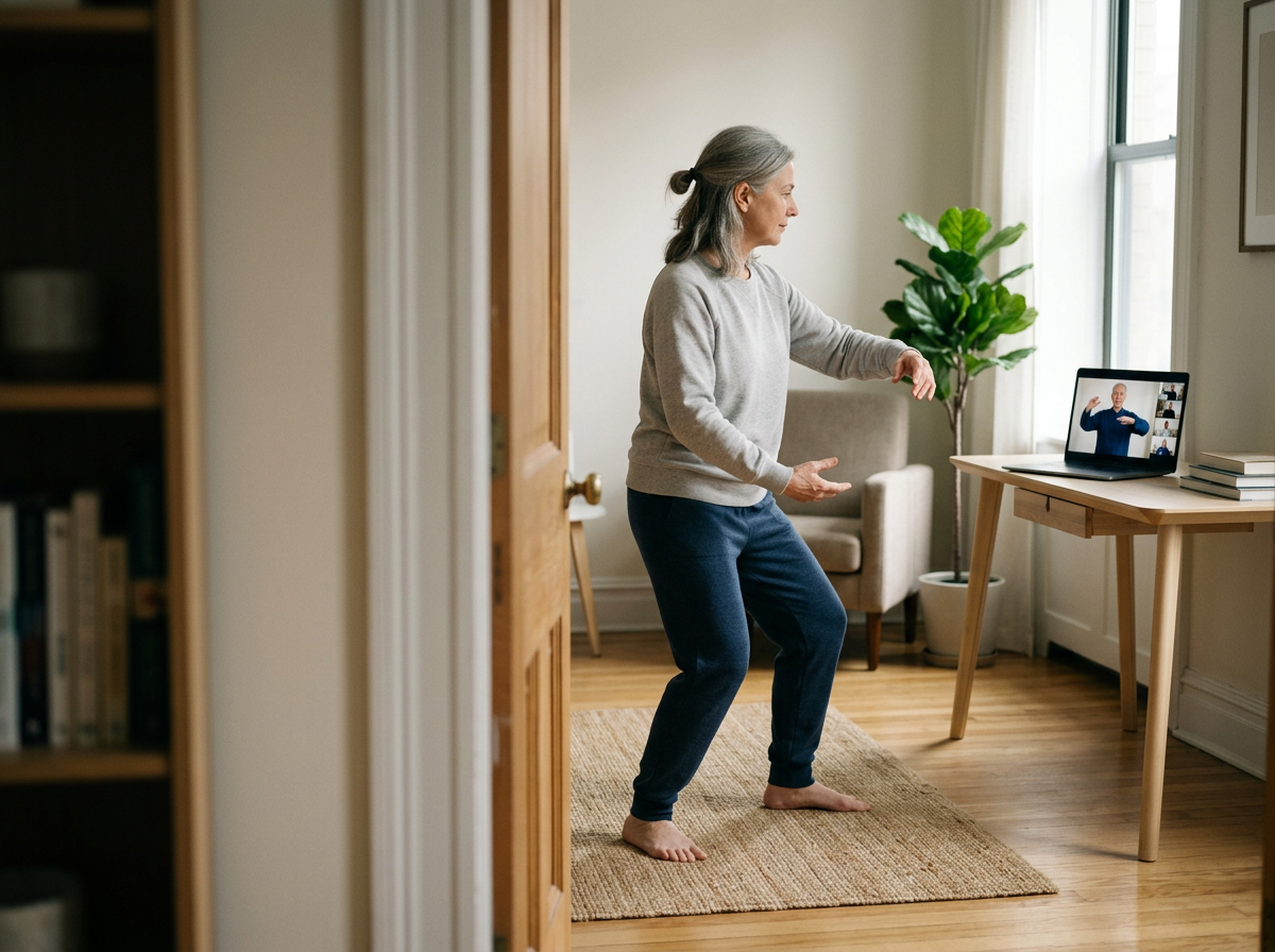 Older woman practicing tai chi at home during a video session on a laptop