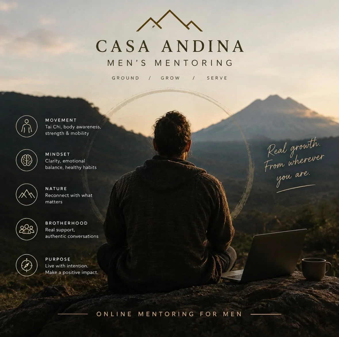 Casa Andina men's online mentoring flyer featuring a man meditating before mountain scenery, with movement, mindset, nature, brotherhood, and purpose programs