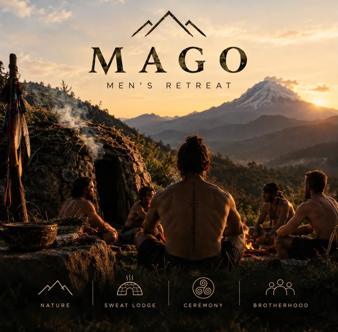 Mago Men's Retreat promotional image showing men gathered in nature at sunset with a mountain backdrop, featuring nature, sweat lodge, ceremony, and brotherhood themes.