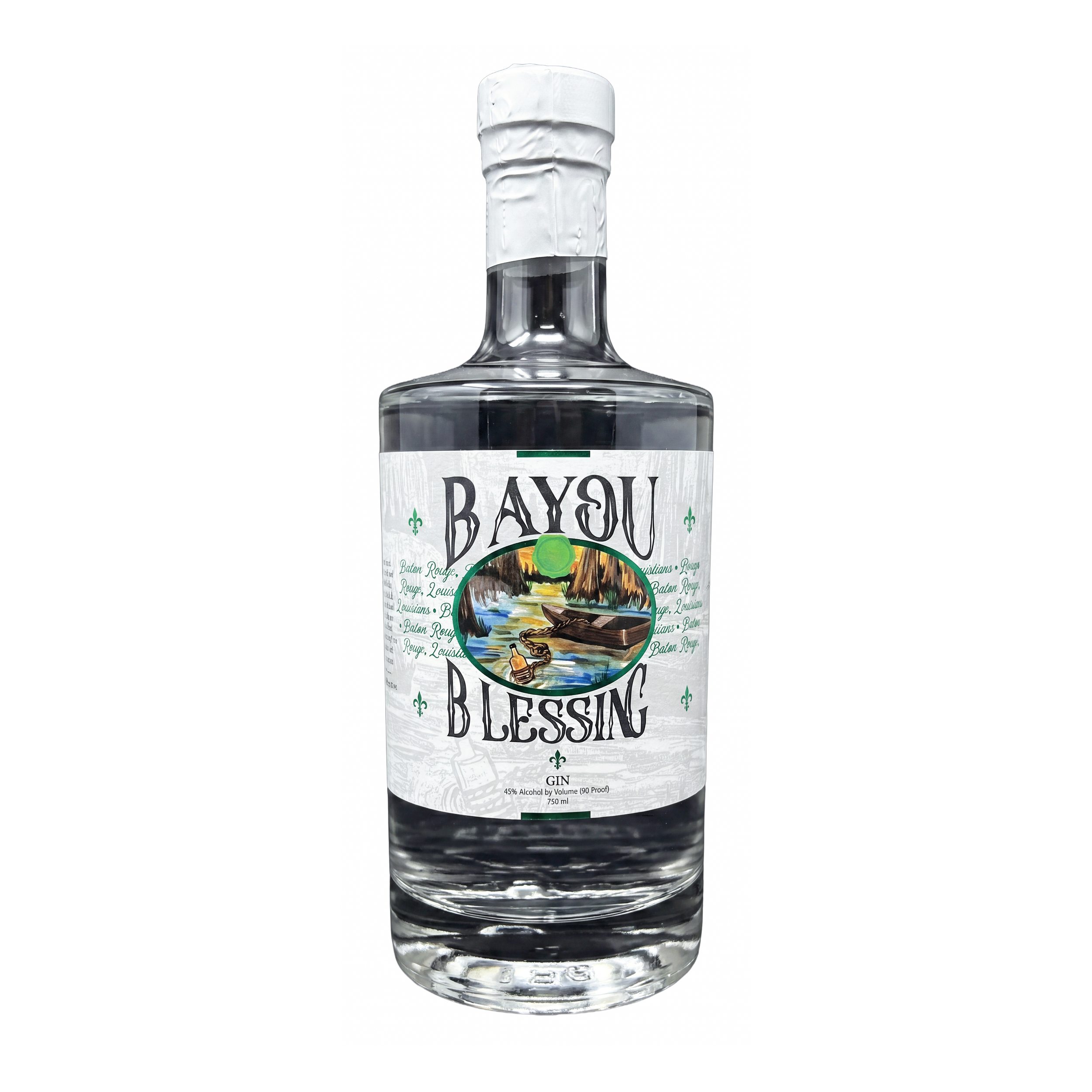 A clear glass bottle labeled  Bayou Blessing' with a mountain landscape and a river scene on the label, containing gin with 45% alcohol by volume.