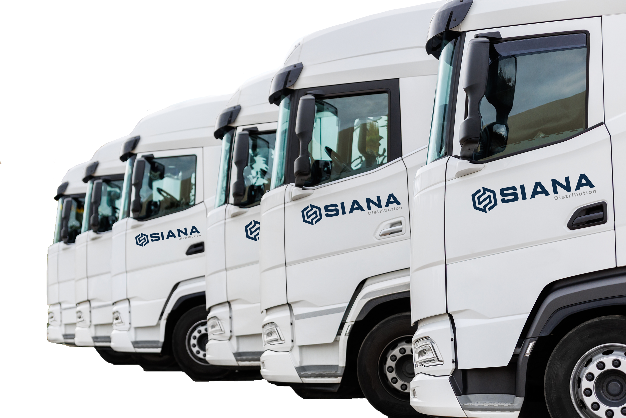 A lineup of multiple white delivery trucks with the logo "SIANA Distribution" on the side.