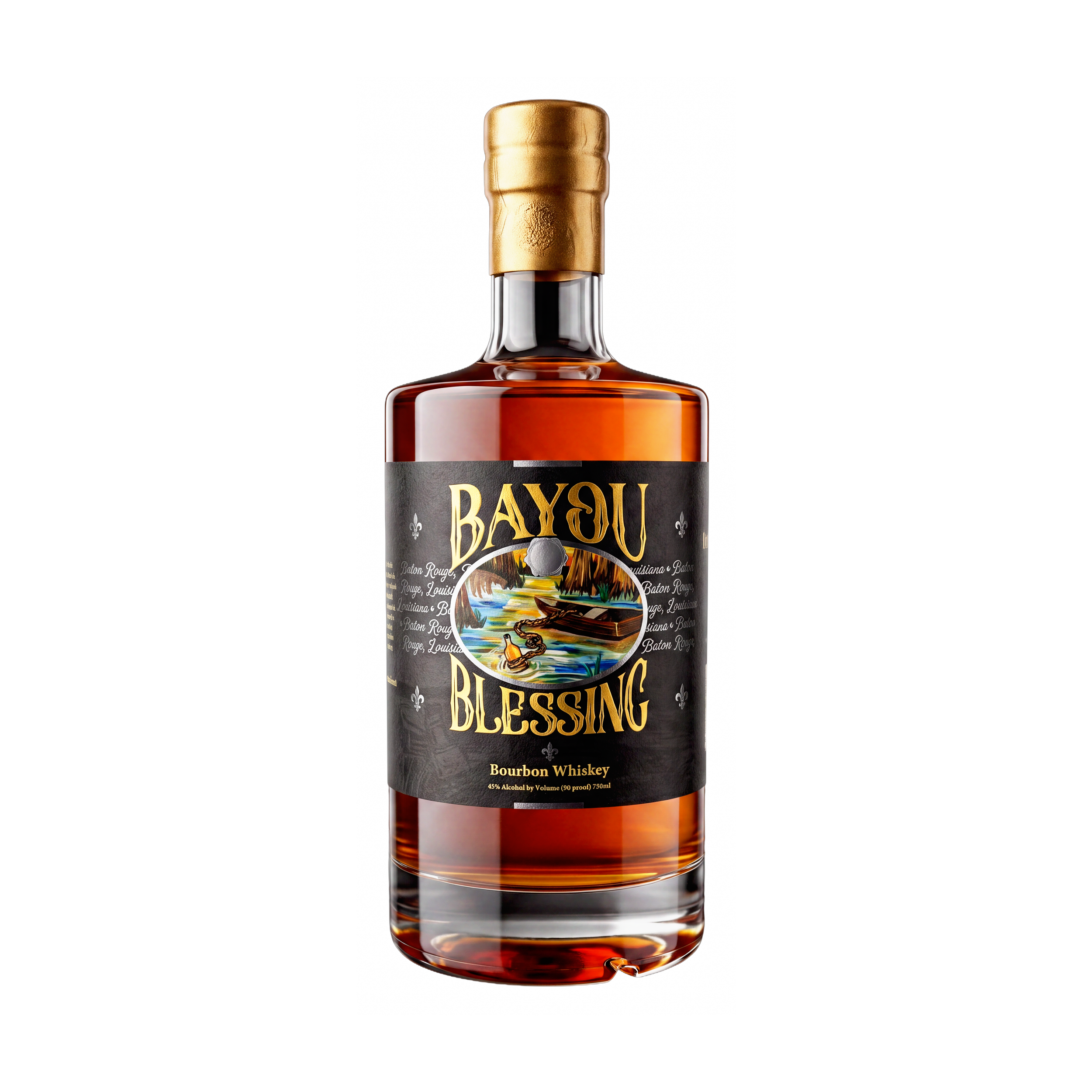 A bottle of Bourbon Whiskey with a black label and gold lettering, featuring a colorful illustrated scene on the label.