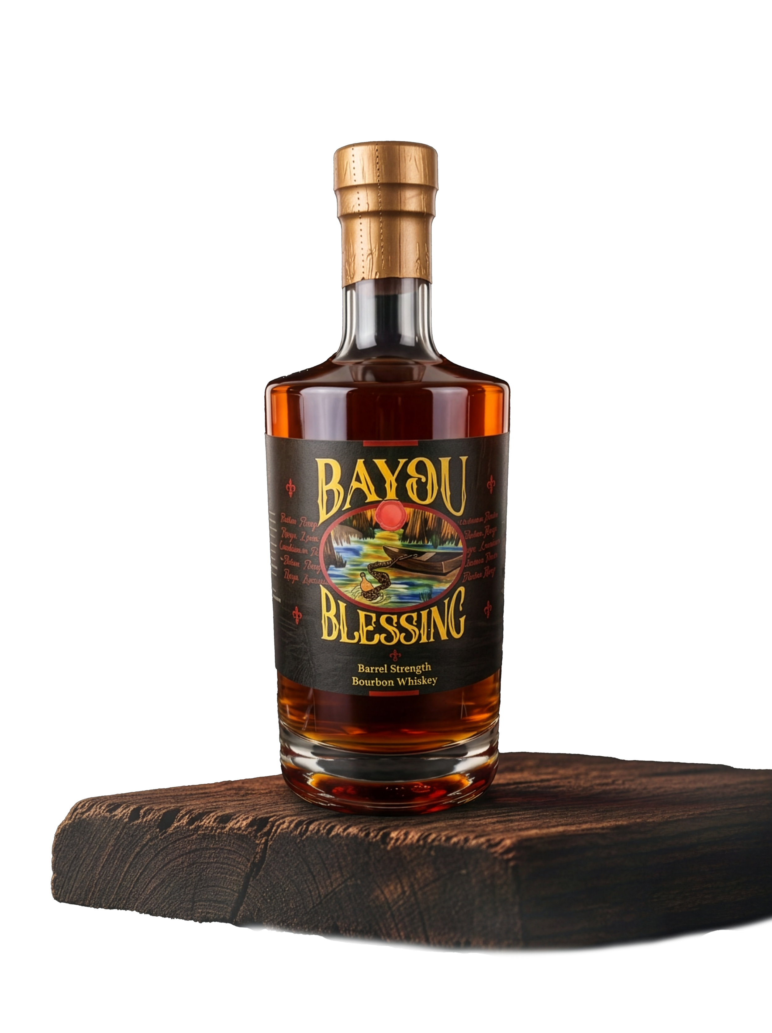 A bottle of Bayou Blessing bourbon whiskey with a dark label featuring colorful artwork, placed on a wooden surface against a black background.