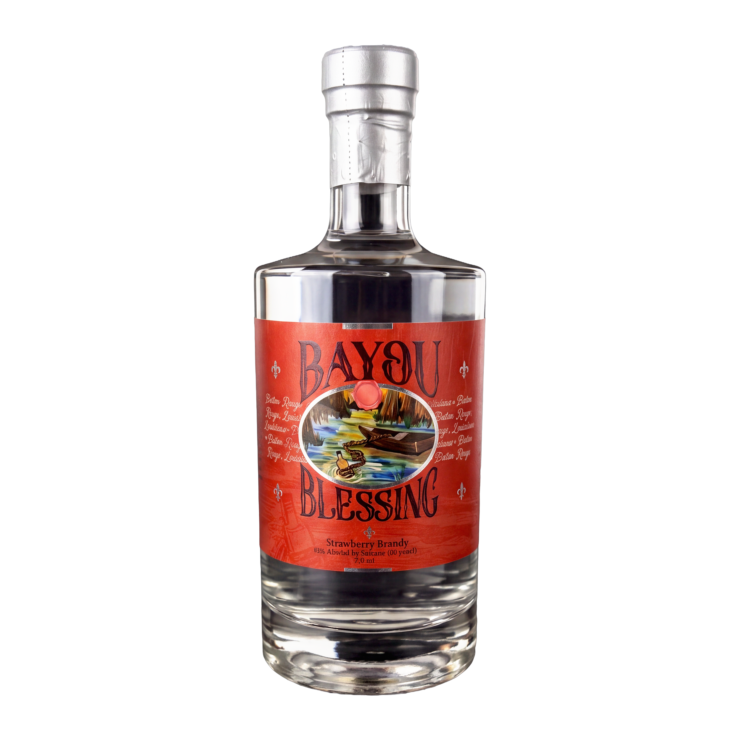 A clear glass bottle with a red label that reads 'Bayou BLESSING' and contains strawberry brandy. The bottle has a silver cap and is photographed against a black background.
