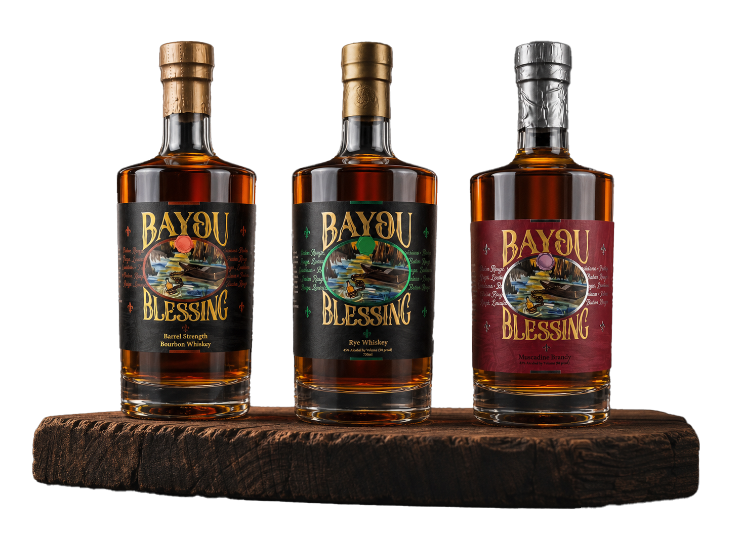 Three bottles of Bayou Blessing whiskey on a wooden surface, each with distinct labels and wrapped caps, set against a dark background.