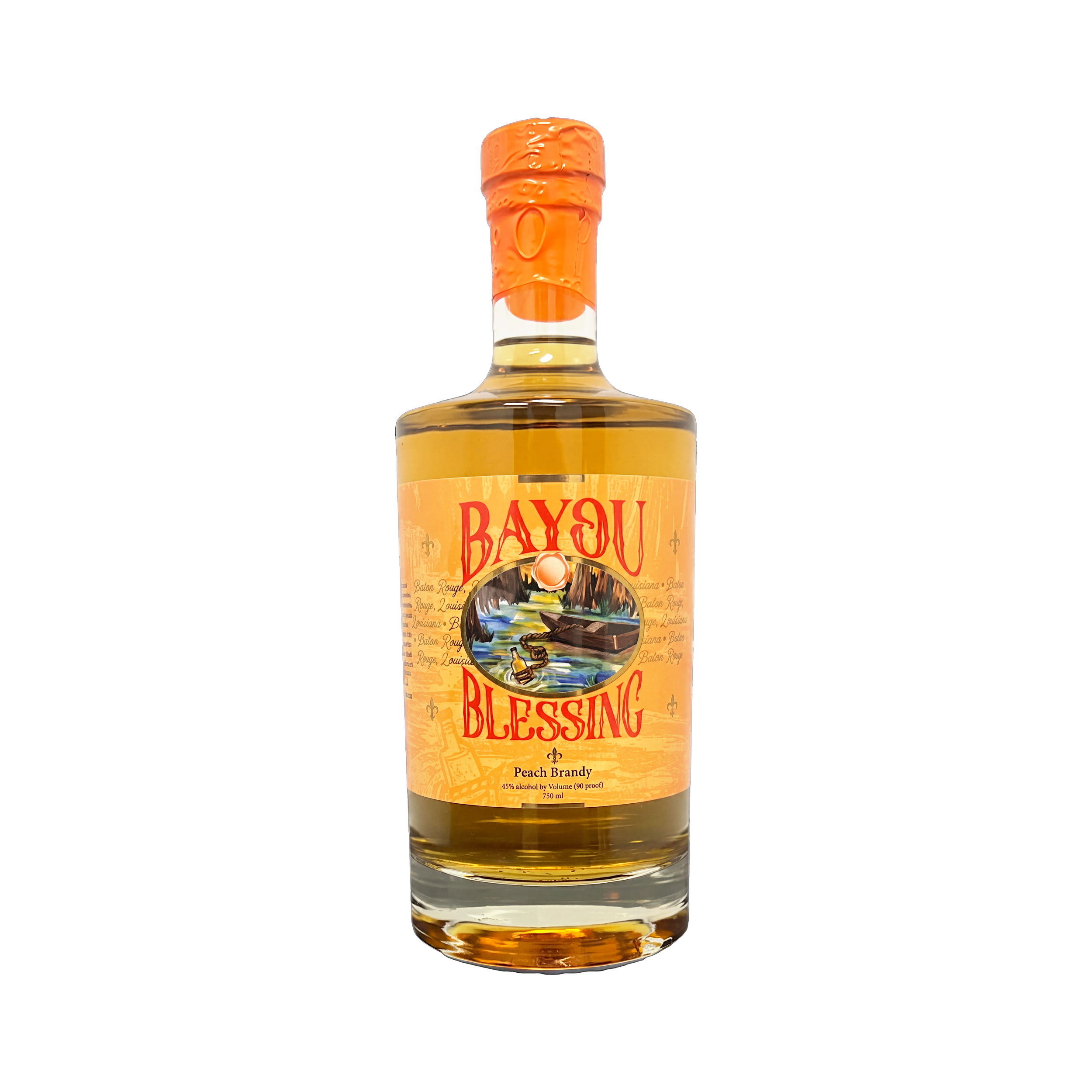 A clear glass bottle with a gold cap and an orange and yellow label that reads "Peach Brandy". The bottle contains a colorless liquid and has a landscape scene illustration on the label.