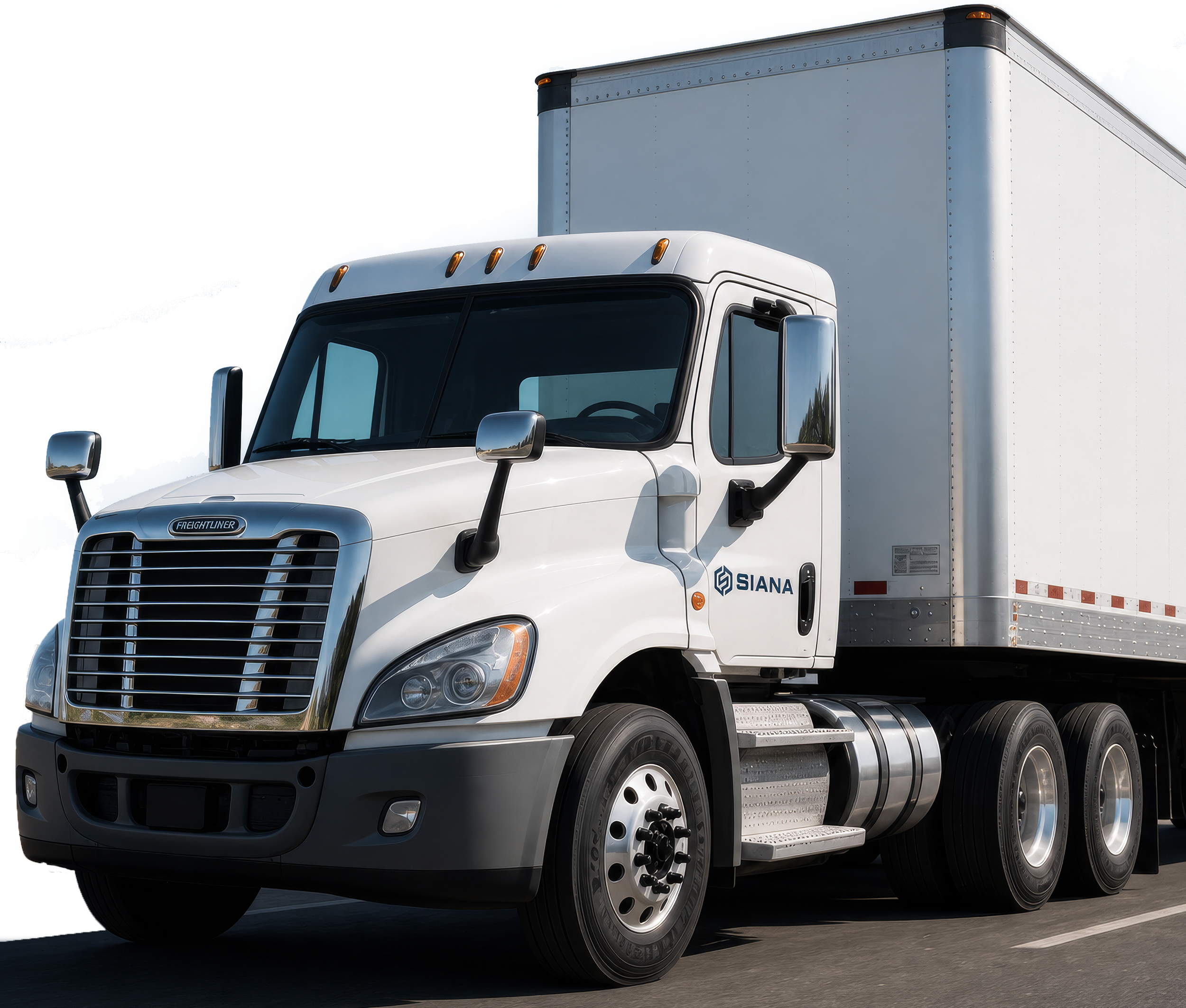 Front view of a white Freightliner semi-truck with a large cargo trailer attached, parked on a paved surface under a clear blue sky.