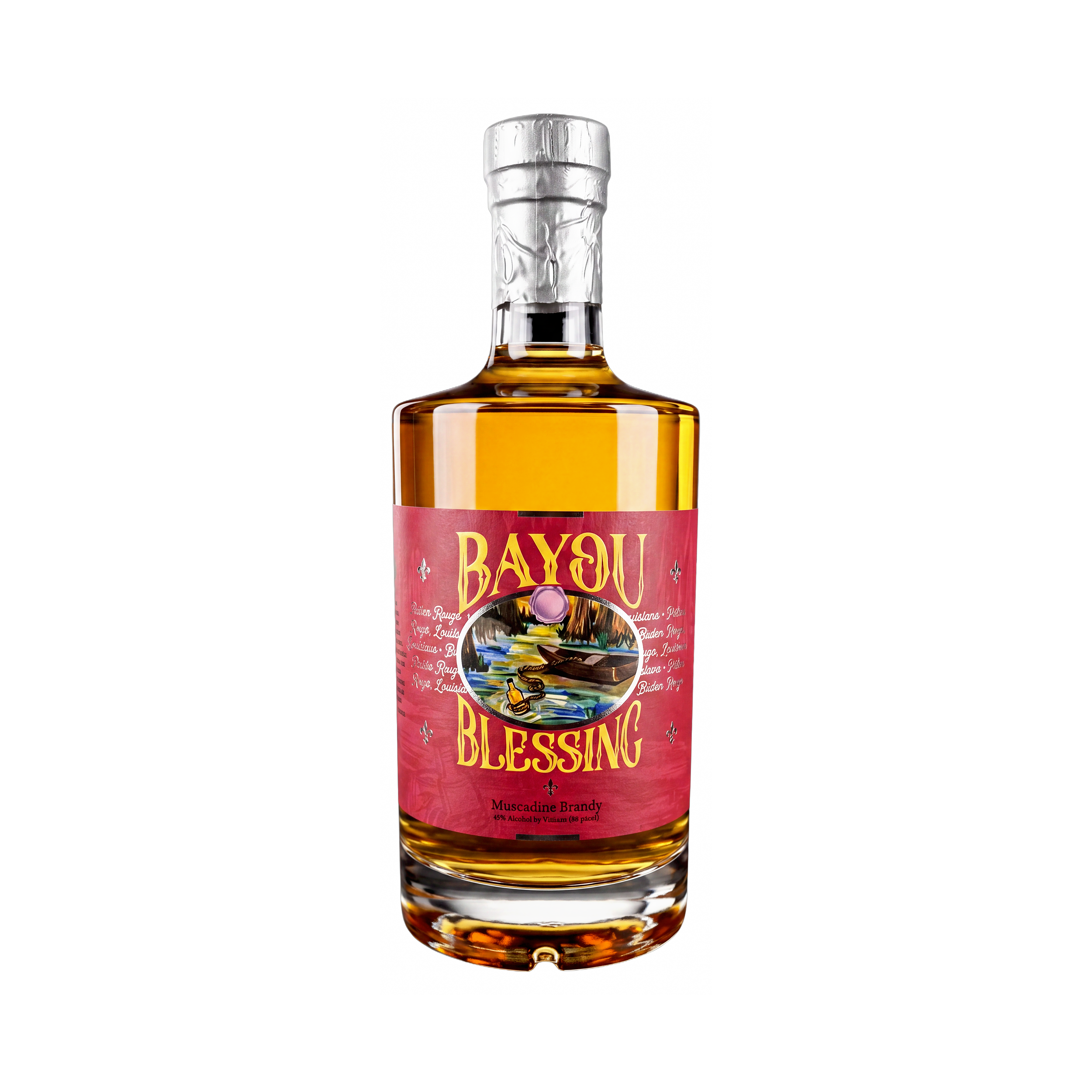 A bottle of Bayou  Blessing Muscadine Brandy with a black background.