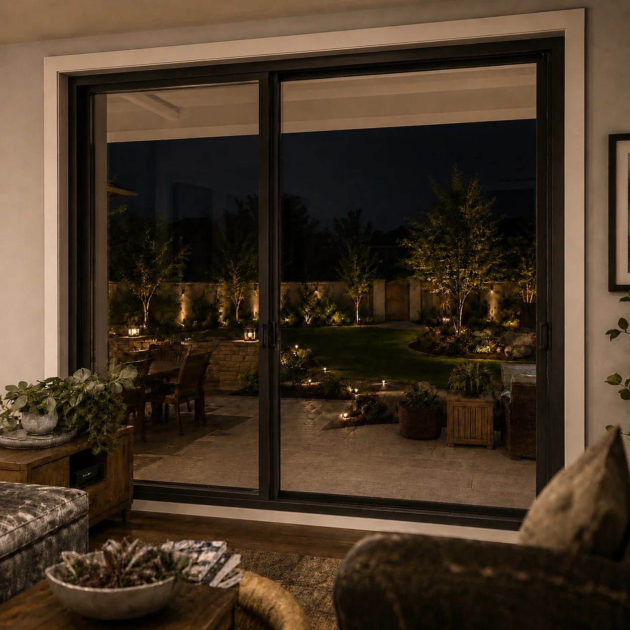 View of backyard from through glass doors