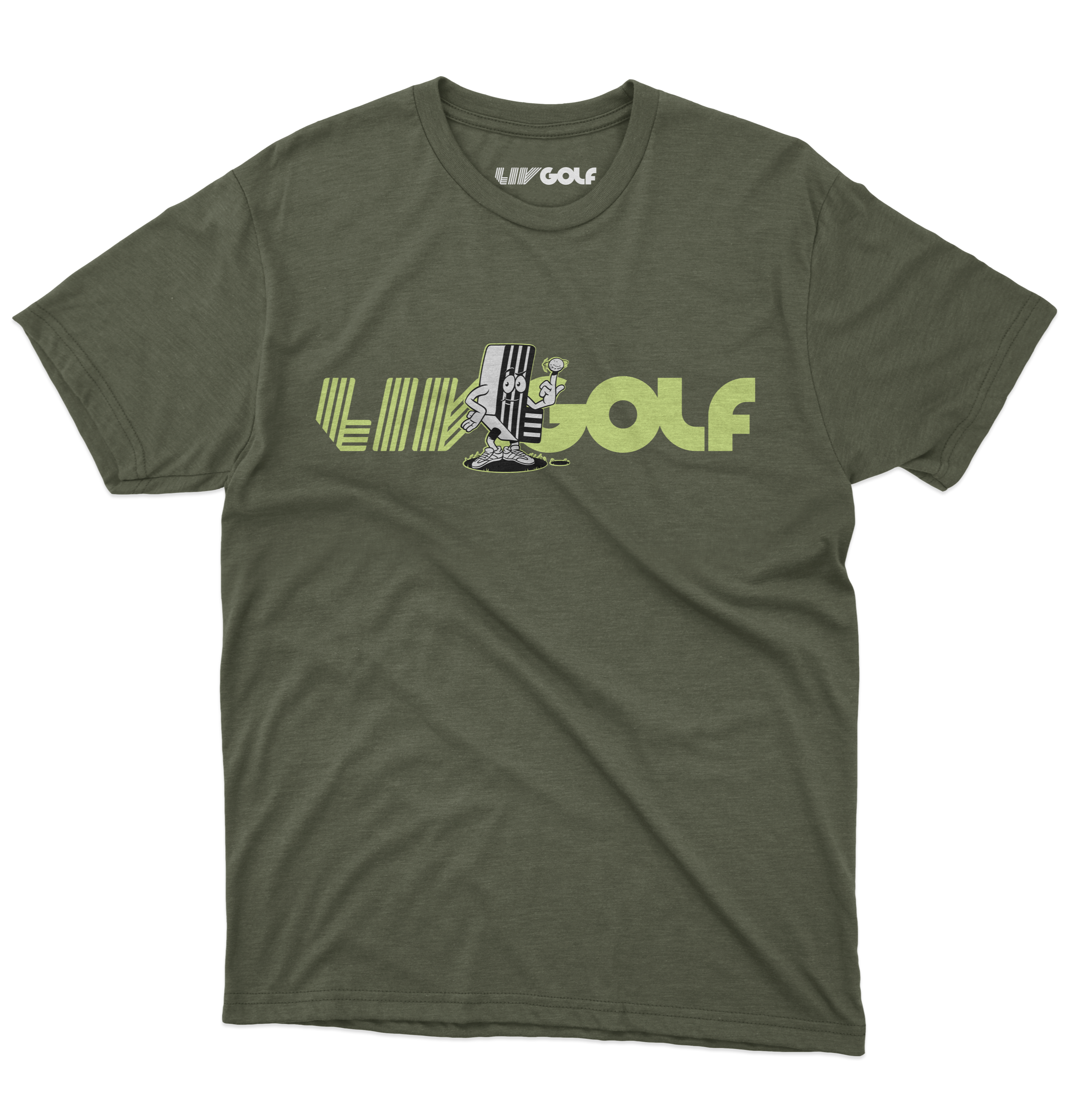 A gray LIV GOLF t-shirt with a cartoon character holding a golf club printed on the front.