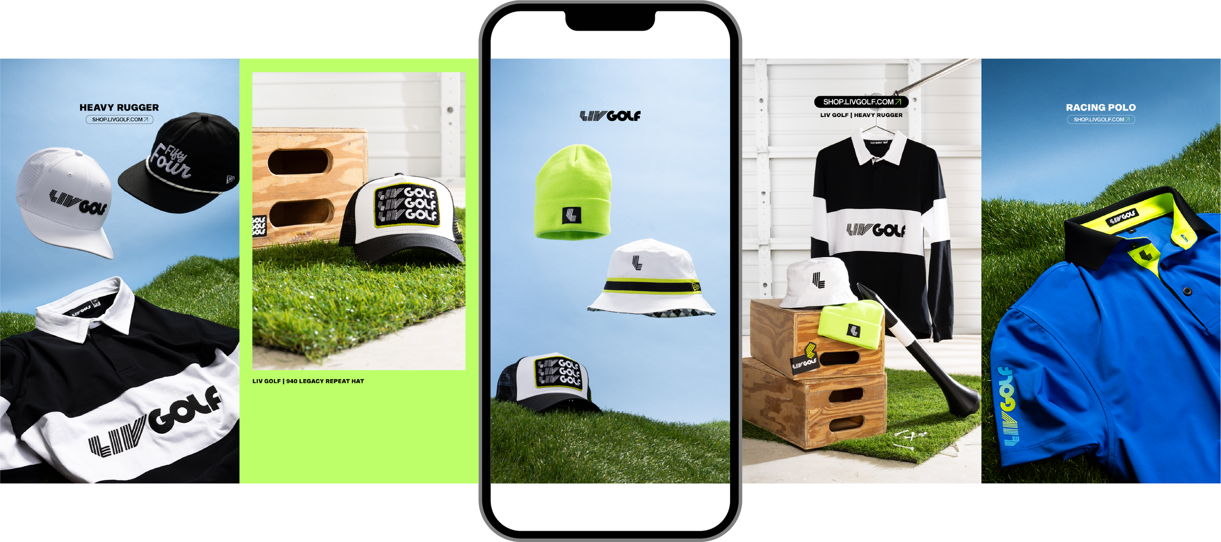 Display of LIV Golf merchandise, including caps, hats, clothing, a golf bag, and accessories on a golf course and inside a store.