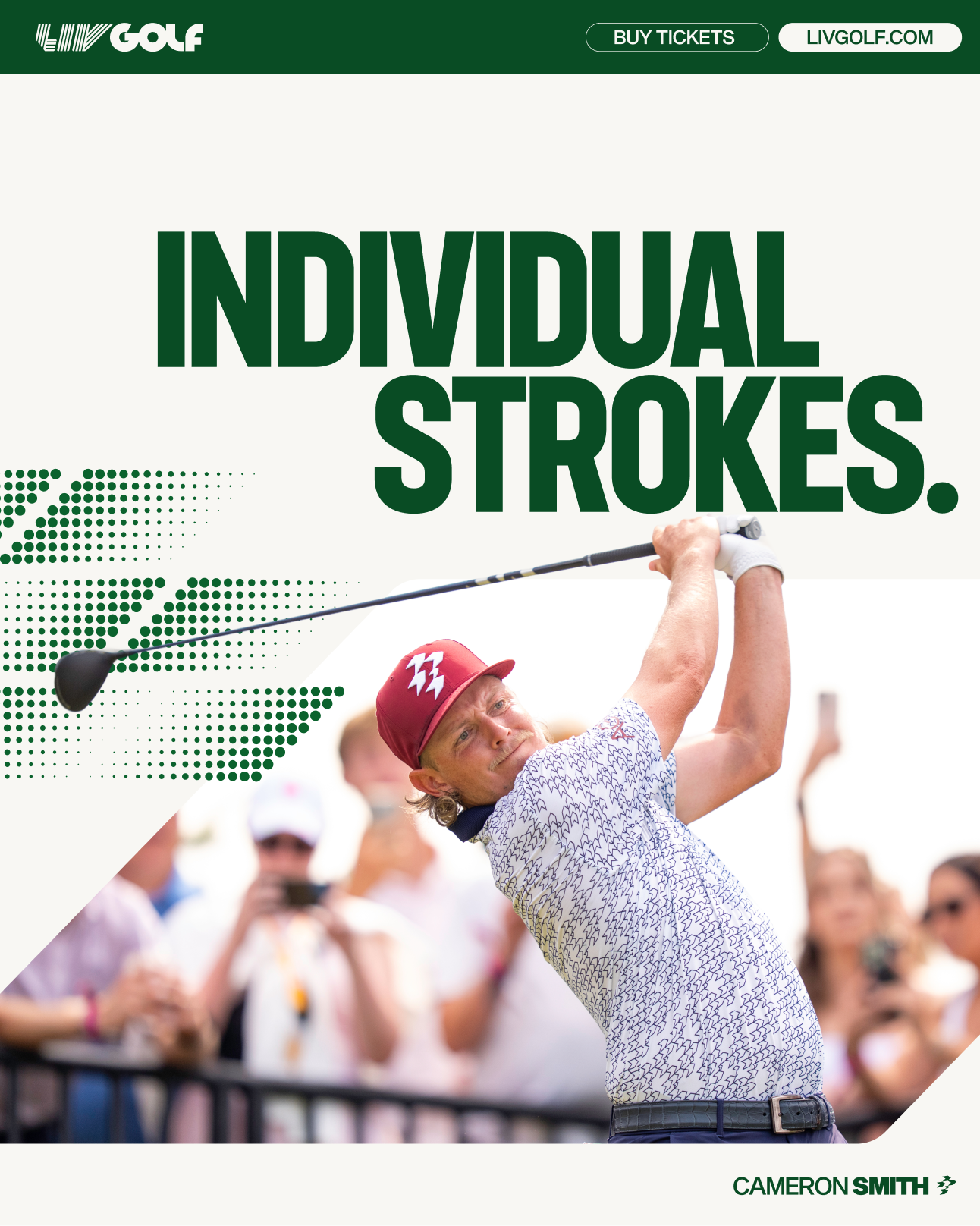 A male golfer in a patterned shirt and red cap is swinging his golf club during a tournament, with a crowd of spectators watching behind a barrier.