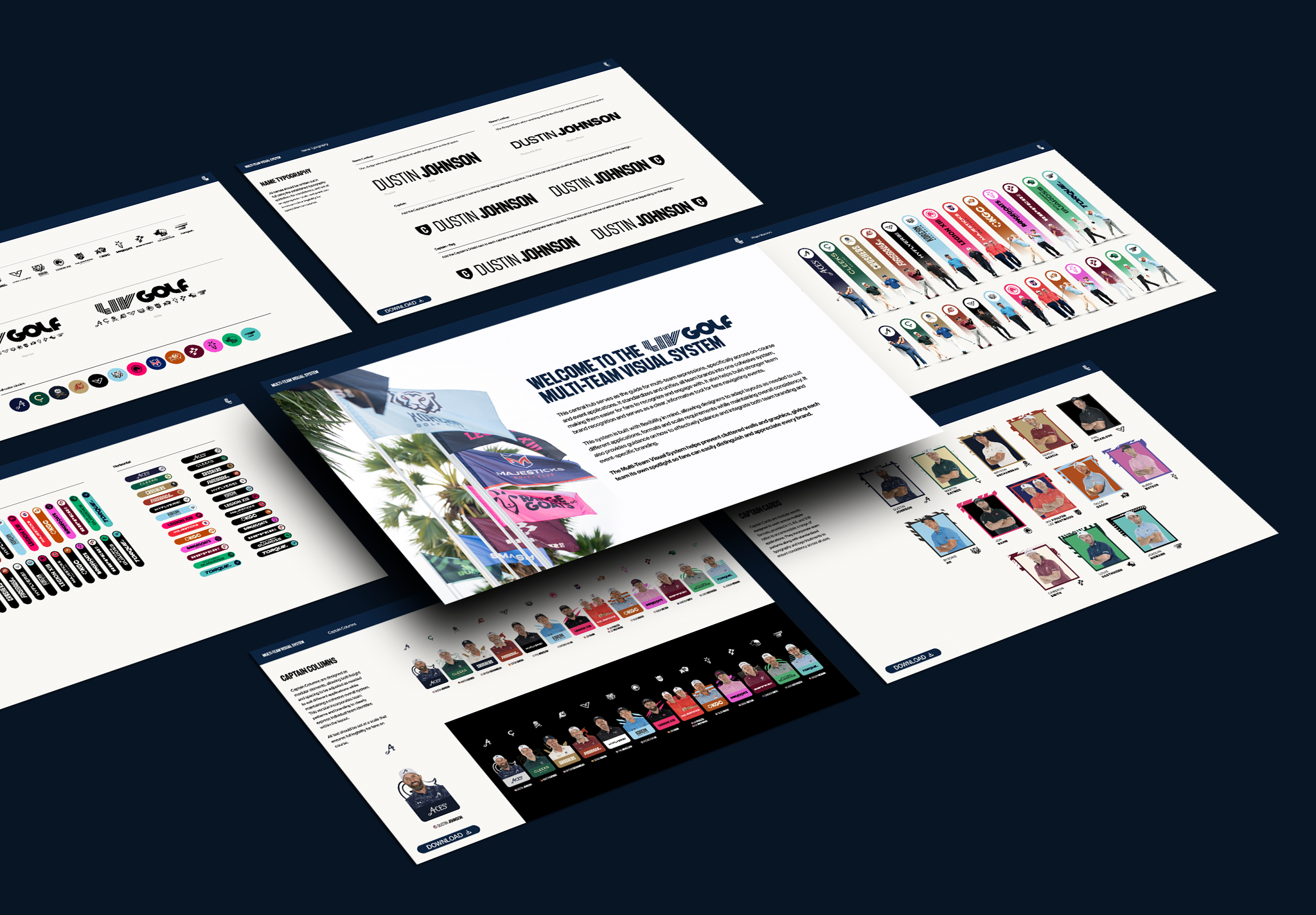 Screenshots of a golf team's branding and visual identity system, including typography, logo options, player portraits, and color schemes.