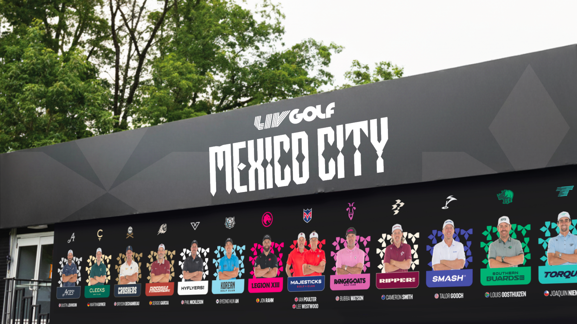 Display at LIV Golf Mexico City showing professional golfers with their names and team logos during a tournament.