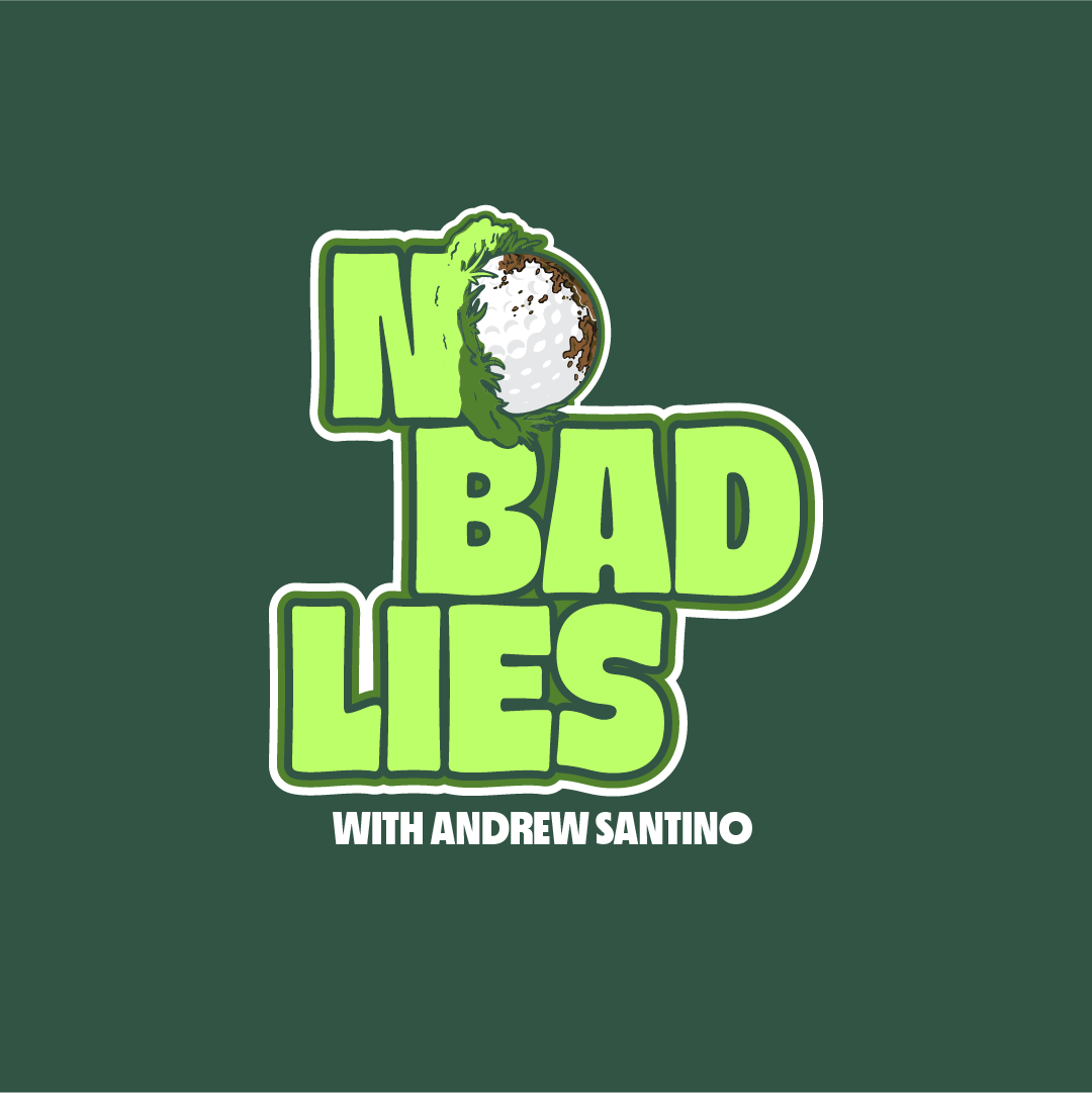 Logo for 'No Bad Lies with Andrew Santino' featuring a stylized golf ball with grass surrounding it, and text in bold green letters on a dark green background.