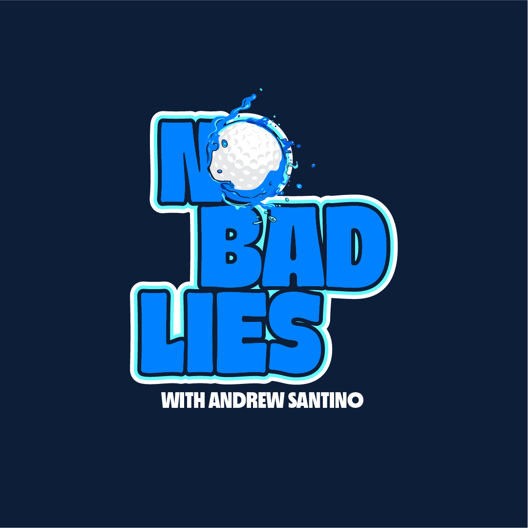 Podcast cover art with a dark blue background, featuring the title 'No Bad Lies' in bold blue text with white outline and a golf ball with water splashing around it, above the subtitle 'With Andrew Santino'.