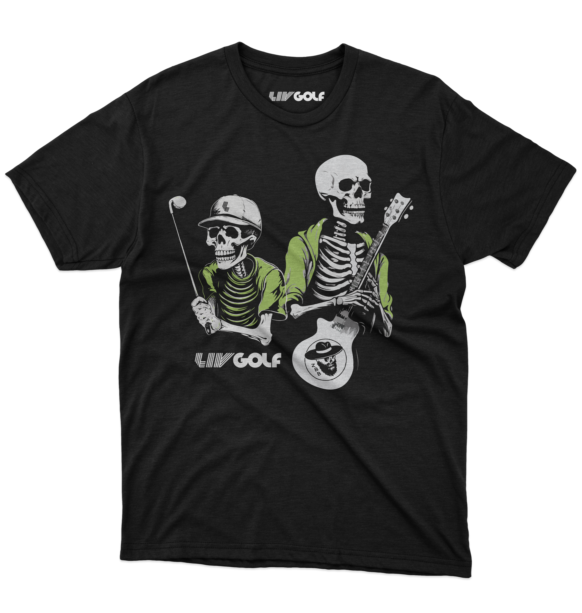 Black T-shirt with graphic design of skeletons playing musical instruments and bar code logos.