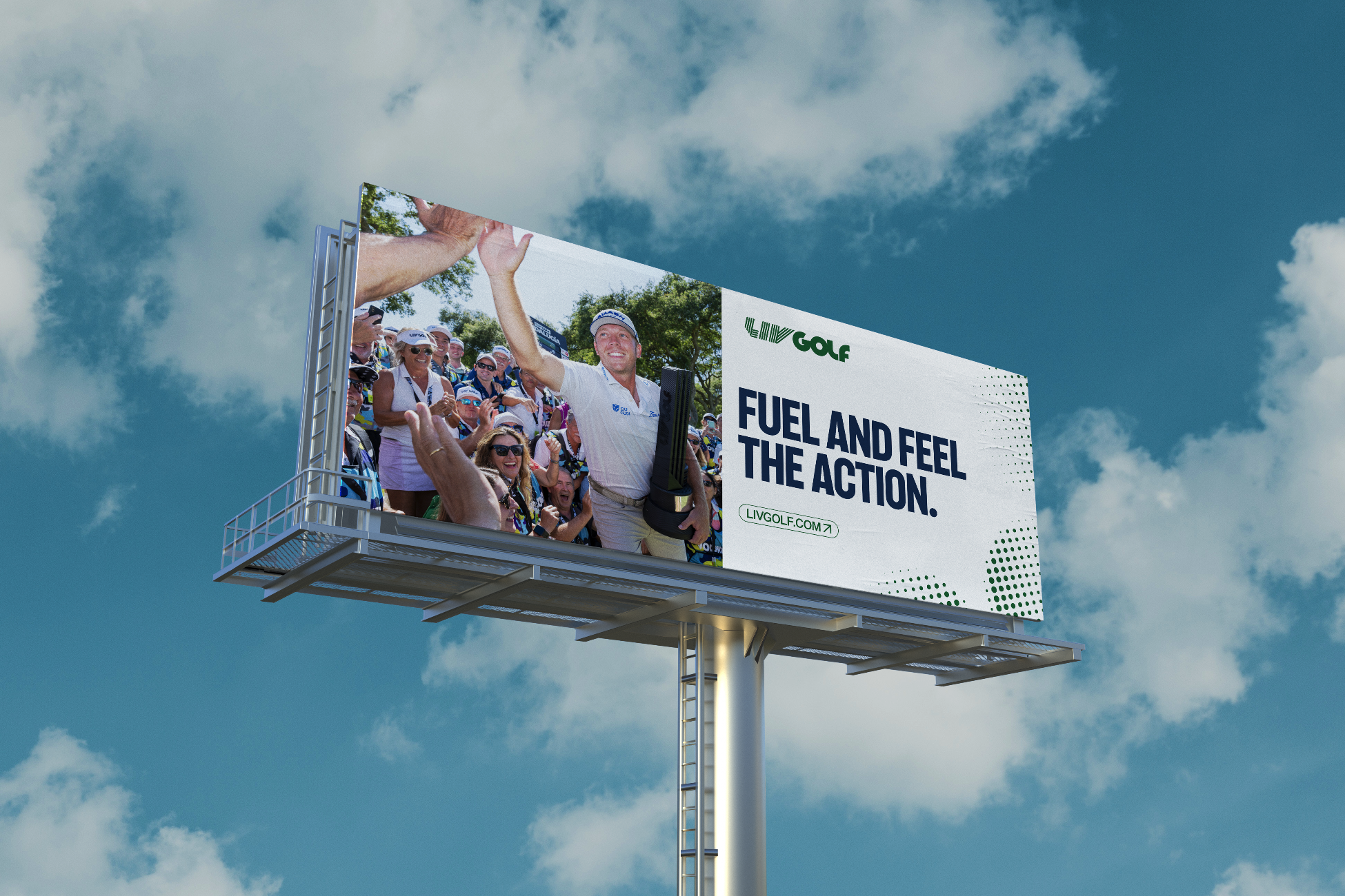 Billboard showing a group of people at a golf event, with a man holding a large trophy and spraying champagne, surrounded by smiling crowd, and text that reads "Fuel and Feel the Action" with a website URL livgolf.com.