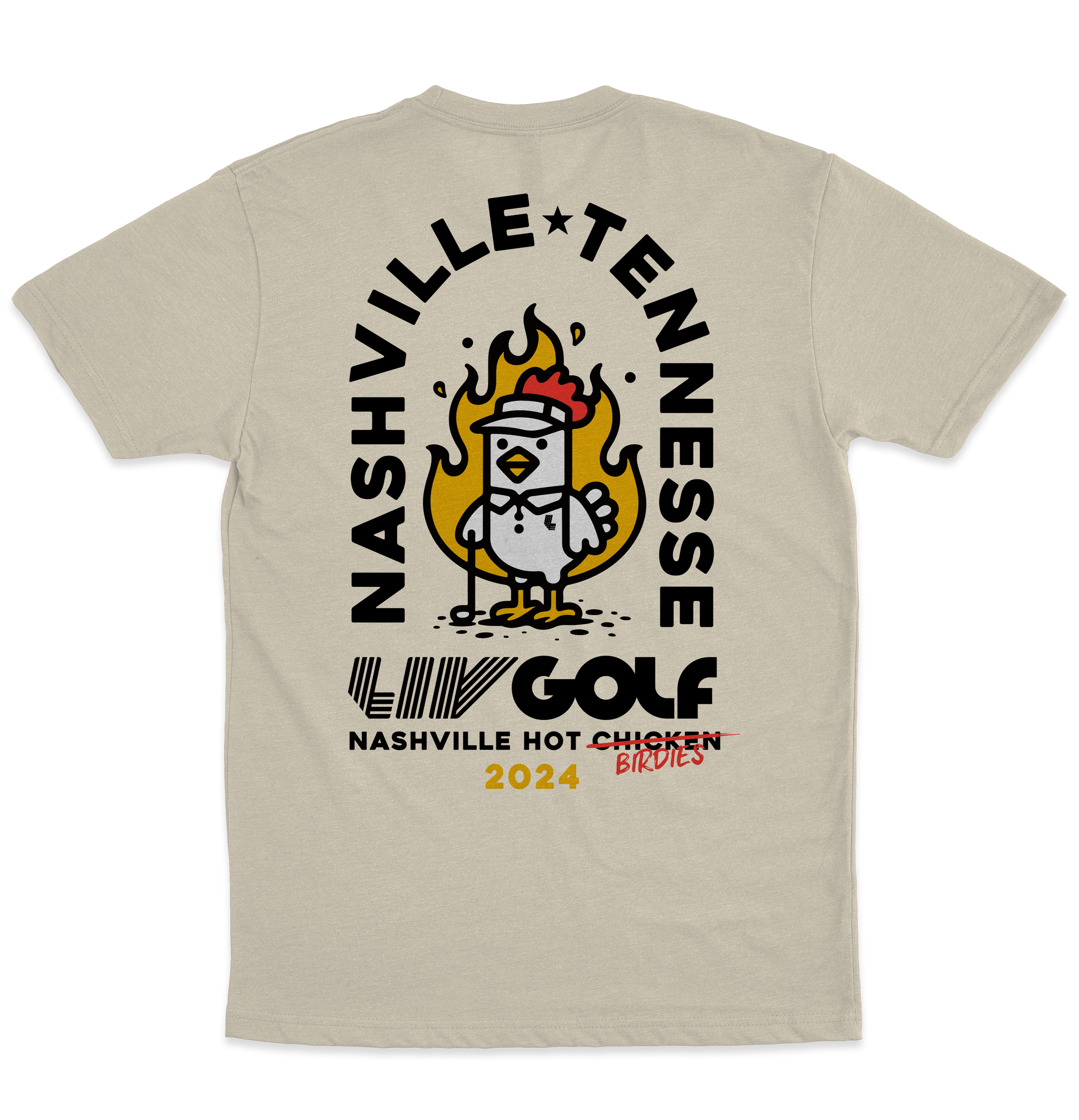 Back of a beige T-shirt featuring a graphic of a cartoon chicken with flames on its head, surrounded by text reading "Hustle★Ten Orchards" and "GOLF 2024" with some words crossed out.