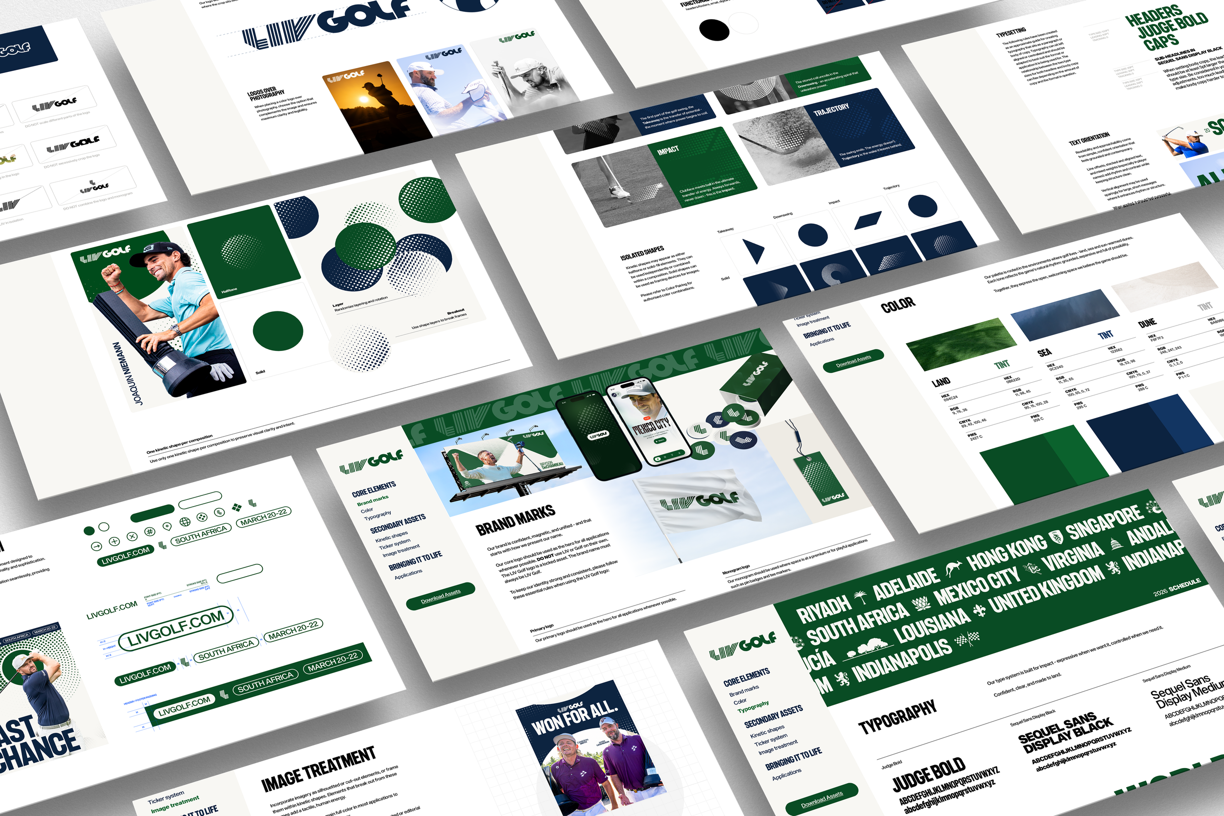 Multiple infographic pages related to LIV Golf, displaying logos, brand elements, typography, color schemes, and promotional content for LIV Golf.
