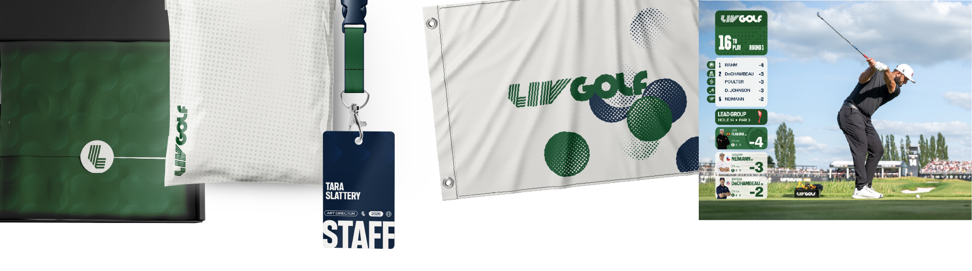Various LIV Golf merchandise including a green and white LIV Golf bag, a white LIV Golf flag, a staff badge with Tara Slattery's name, and a golfer teeing off on a golf course with LIV Golf branding in the background.