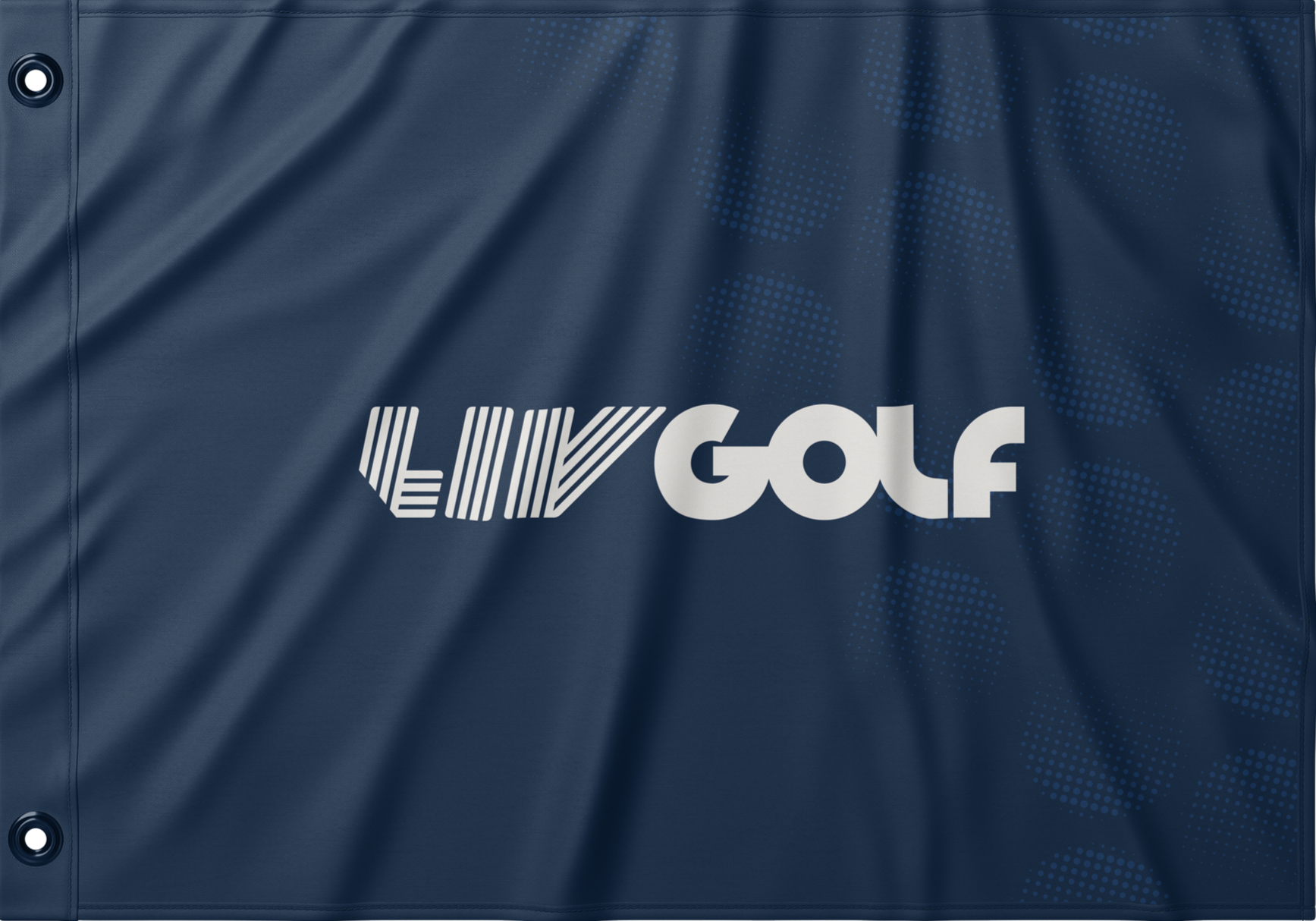 Close-up of a blue fabric with the LIV Golf logo printed on it.