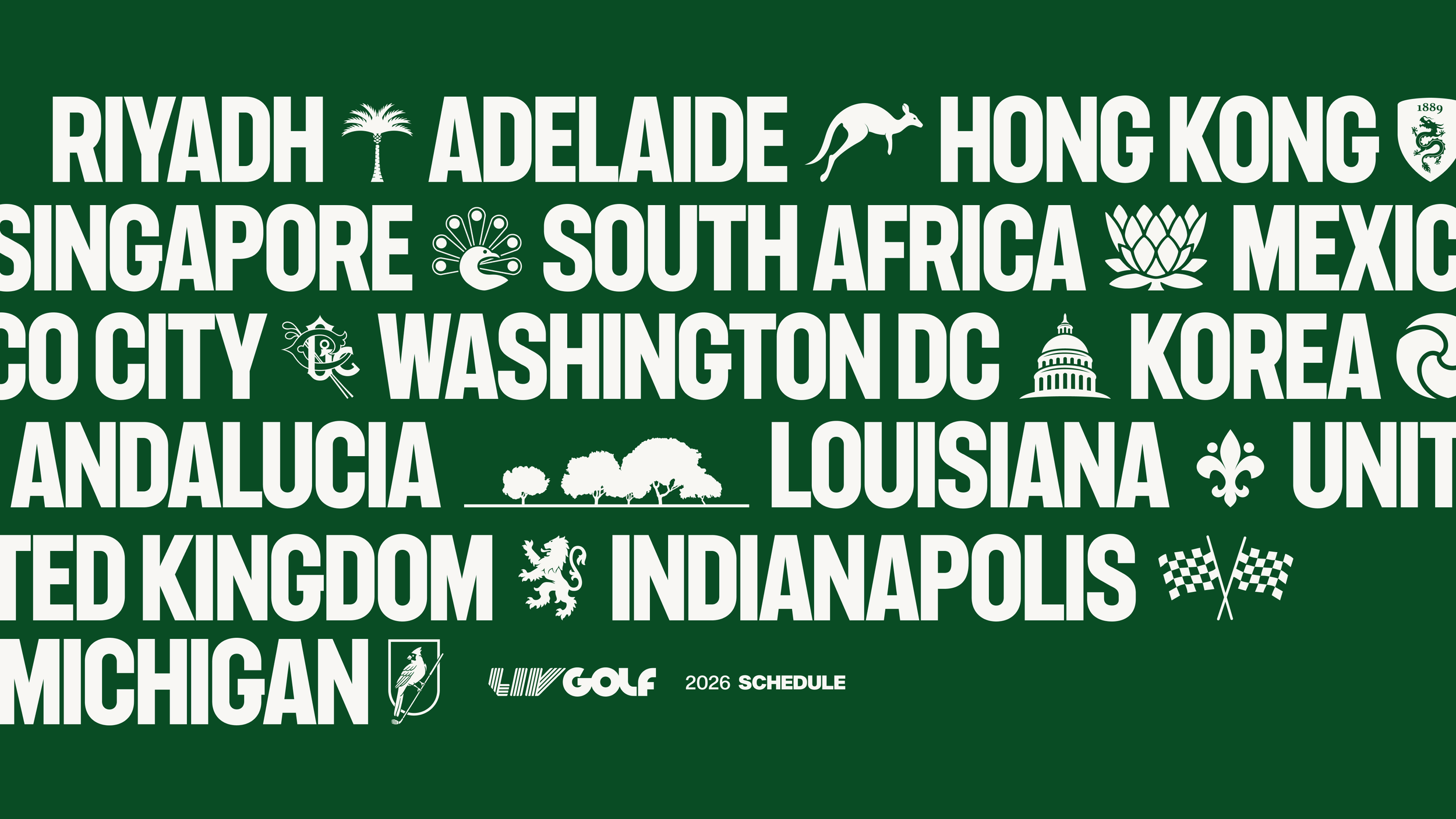 List of world cities with symbols next to each name, including Riyadh, Adelaide, Hong Kong, Singapore, South Africa, Mexico, Washington DC, Korea, Andalusia, Louisiana, Indianapolis, and Michigan, on a green background with white text.