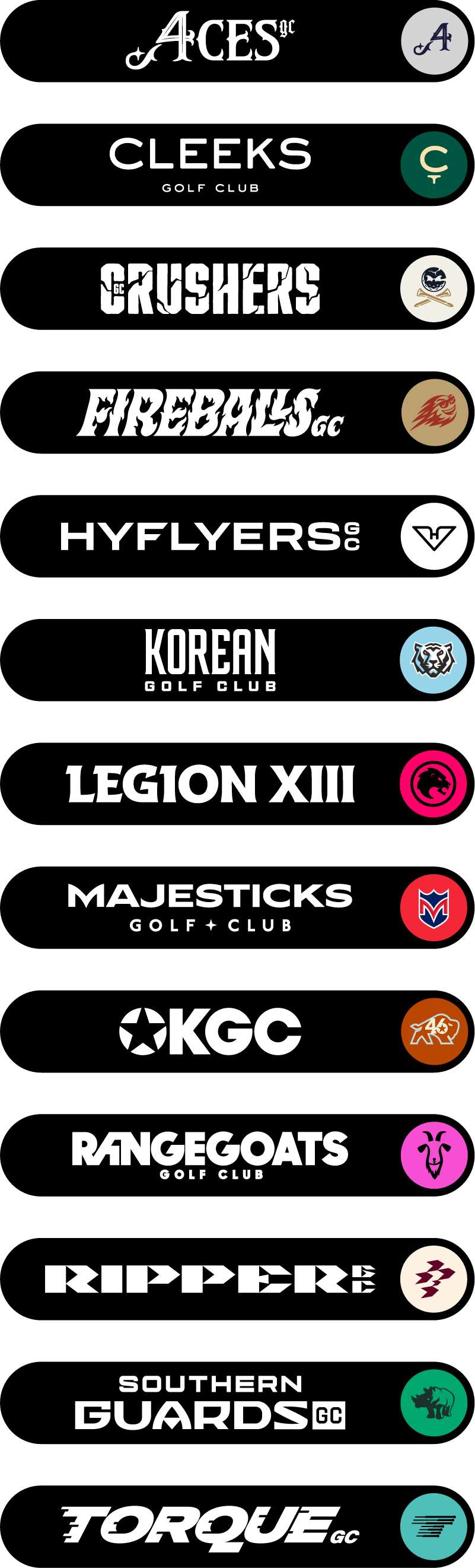 A collection of logos for different golf clubs and teams, each with unique designs and names, arranged vertically on a black background.