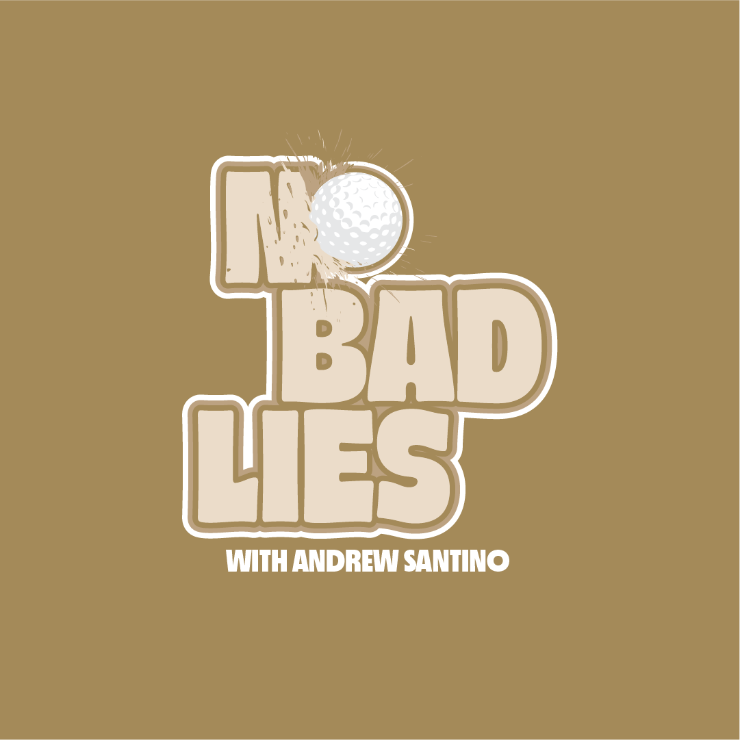 Podcast cover titled 'Too Bad Lies' with a golf theme, featuring a golf ball hitting a wooden tee on a tan background, with the host's name 'Andrew Santino' at the bottom.