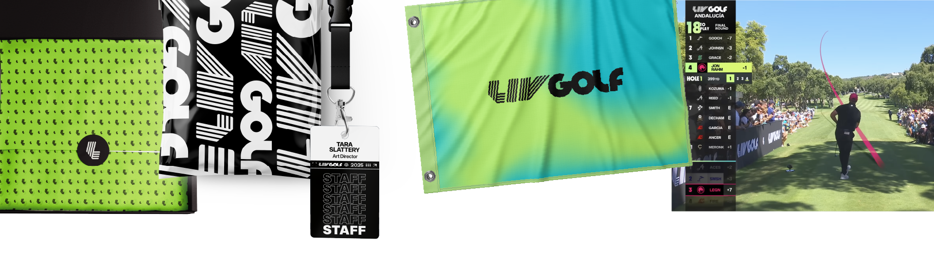 Golf tournament scene with a player on the course, spectators watching, a scoreboard showing scores, and tournament branding materials, including a green and blue LIV Golf banner.