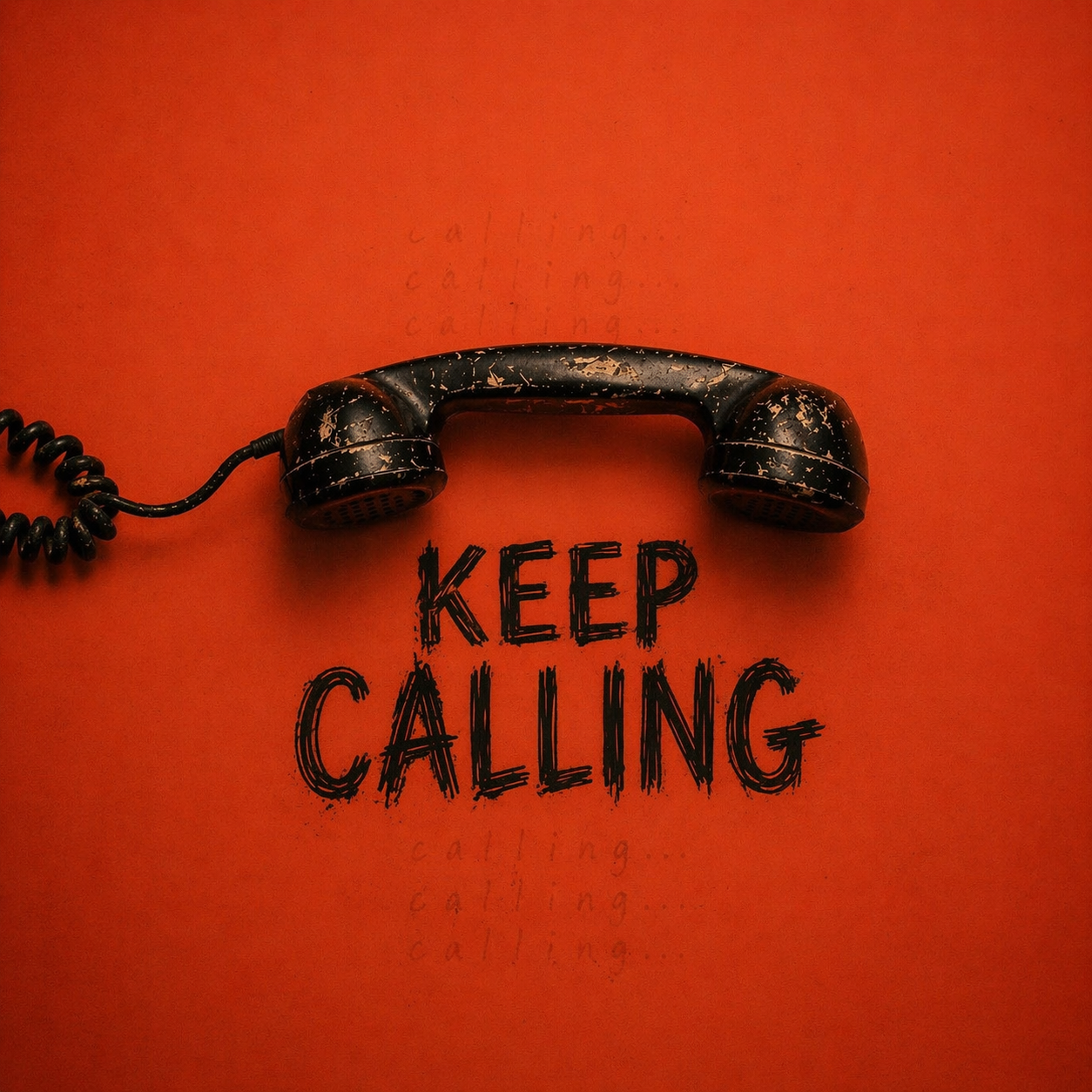 An old, black, cracked telephone handset resting on a red surface with the words 'KEEP CALLING' written underneath.
