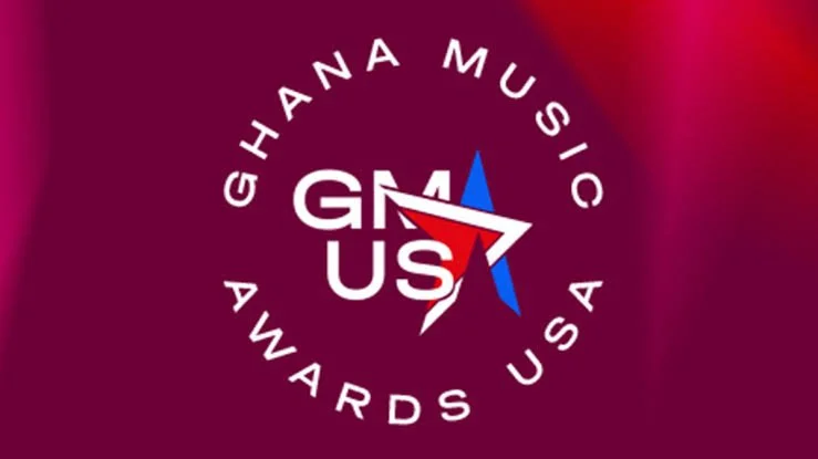 GMA USA Ghana Music Awards logo with a red and blue star and a red and blue lightning bolt, on a dark red background.