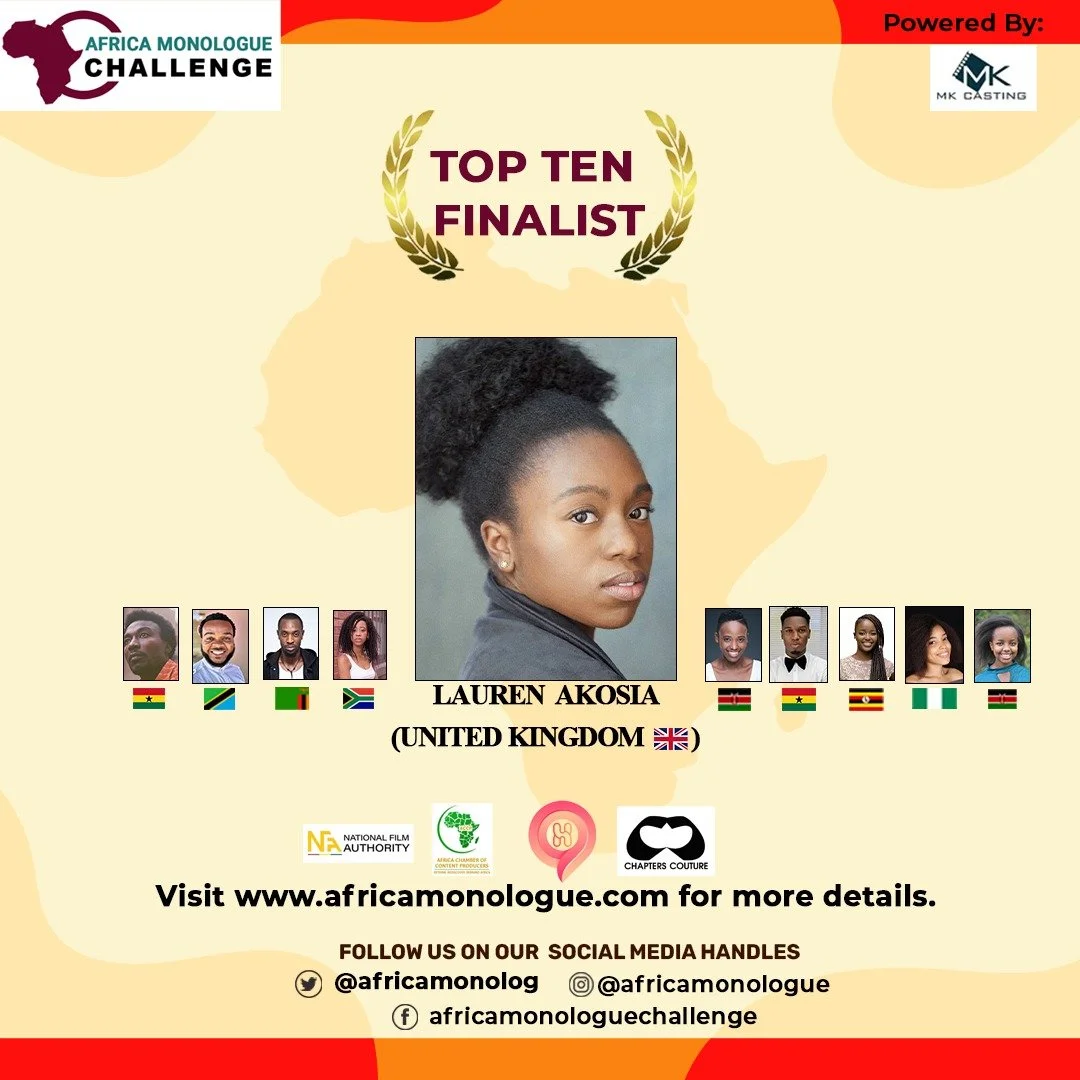 Announcement poster for Africa Monologue Challenge featuring Lauren Akosia from the United Kingdom as a top ten finalist, with images of other finalists from various African countries, logos of sponsors, and social media handles.