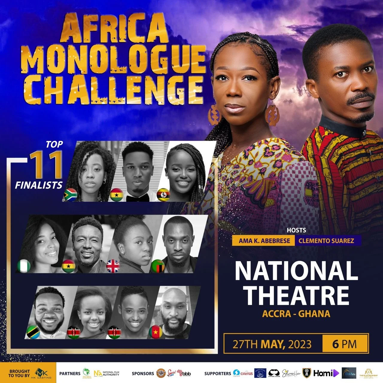 Poster for Africa Monologue Challenge event showing 11 finalists and 3 hosts, with a background of a purple sky. The event takes place at the National Theatre in Accra, Ghana, on May 27, 2023, at 6 PM. The poster includes flags of South Africa, Ghana, Uganda, Nigeria, Italy, Zimbabwe, England, and Portugal, along with sponsor logos and other supporting organizations.