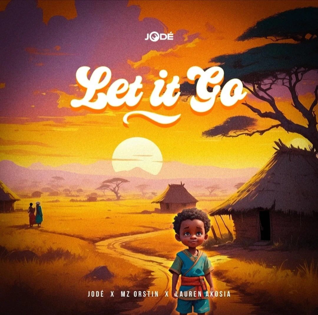 An animated scene of a sunset in an African village with thatched huts, acacia trees, and a dirt path. A young boy in traditional attire stands in the foreground, while two women walk in the distance. The text over the image says "Let it Go" with the artists' names at the bottom.