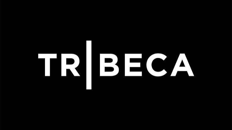 Tribeca logo with black background and white text, featuring a vertical line separating the words Tribeca.