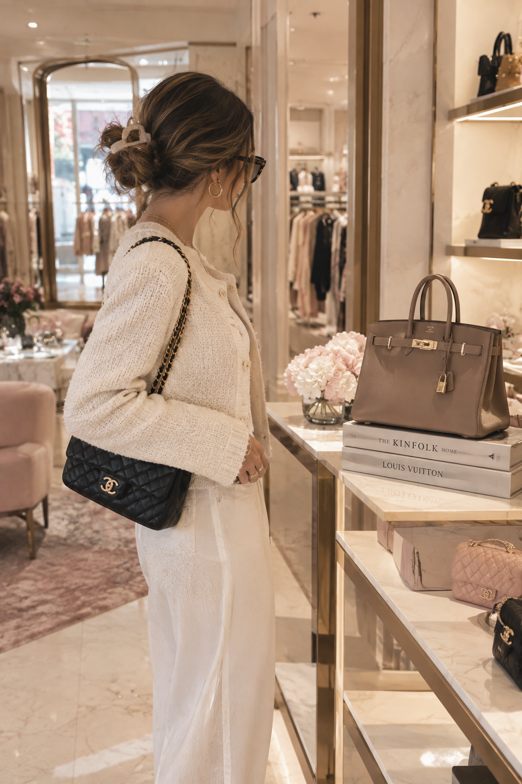 Woman standing in a designer store looking at a luxury handbag.