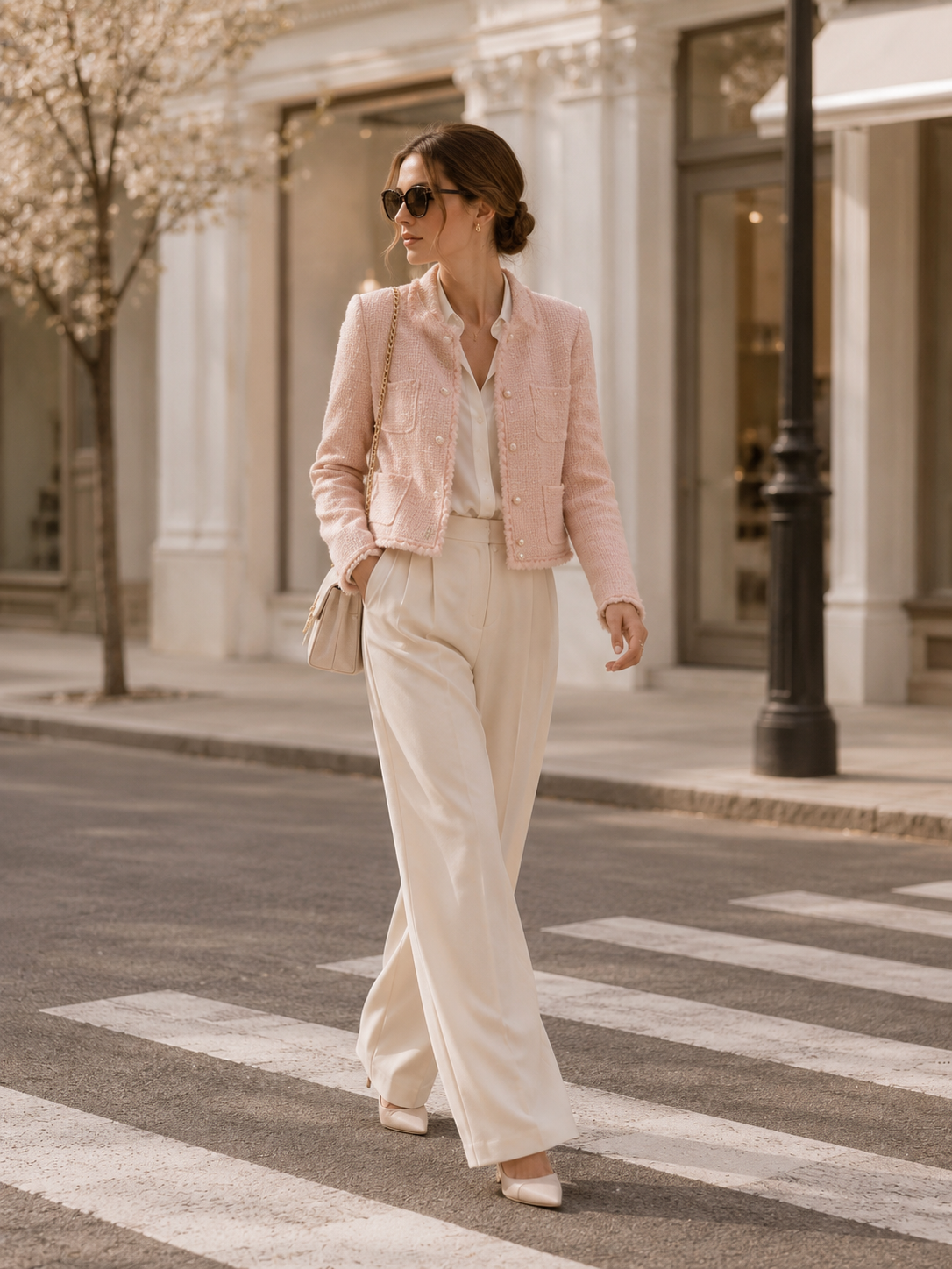 Woman wearing a pink tweed jacket, button down blouse, cream colored pleated trousers, cream high heels, crossing a city cross walk.