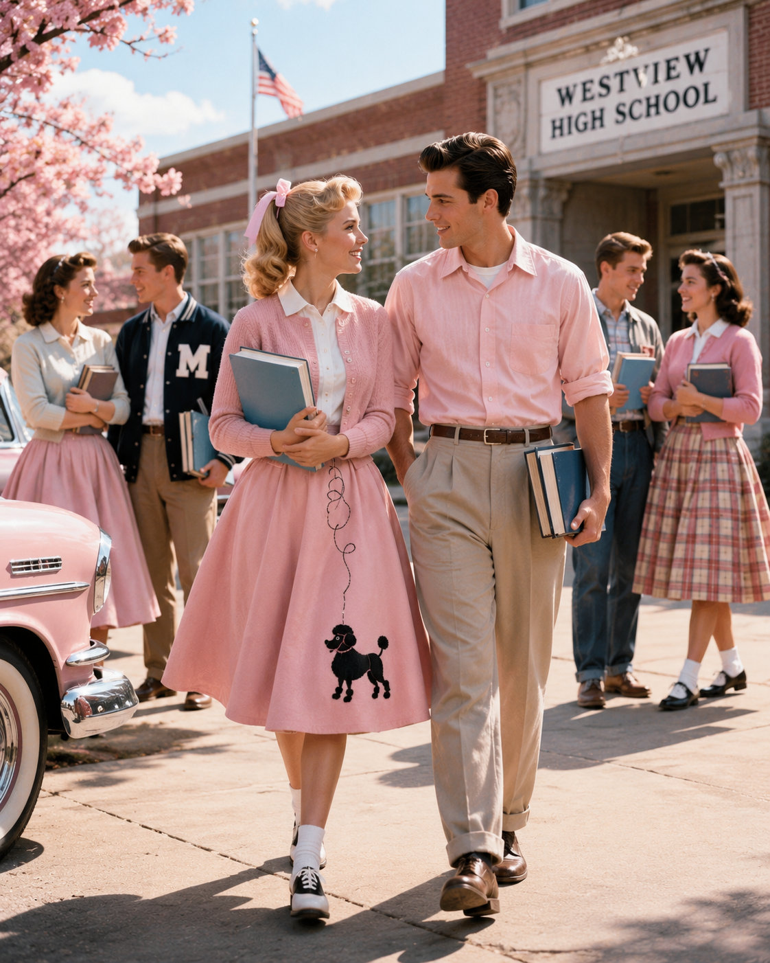 Teens dressed in the 1950's out front of their highschool.