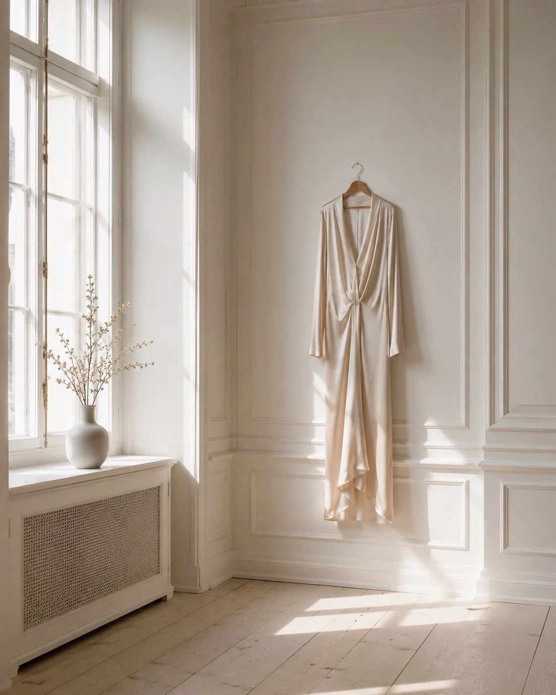 Timeless silk dress displayed in a minimalist Scandinavian interior, representing Danish fashion, sustainable luxury clothing, slow fashion, capsule wardrobe, and high quality craftsmanship.