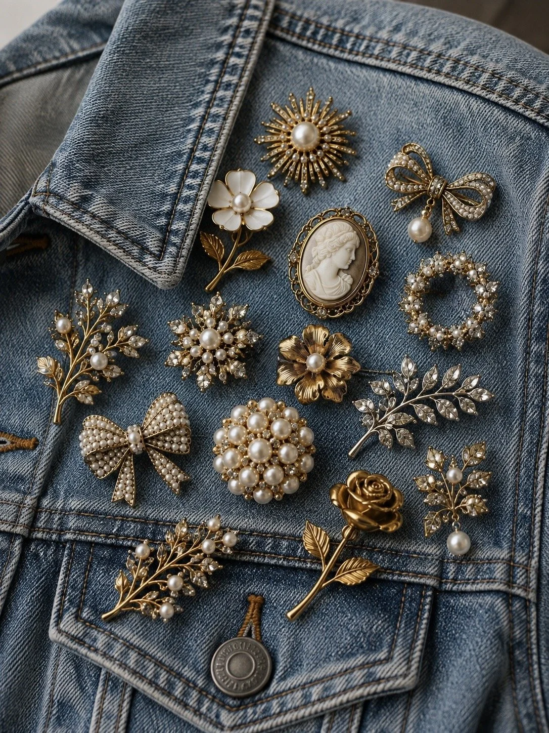 Close up of a medium wash denim jacket with several gold brooches pinned to it. The brooches are various different shapes, some adorned with pearls & diamonds.