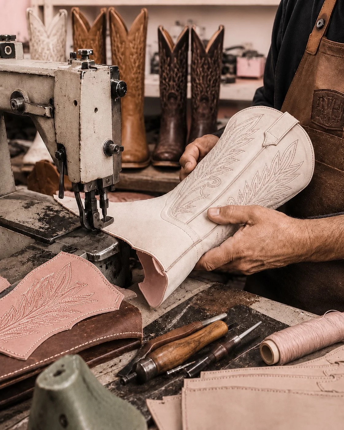 The Shell of a cream colored boot being turned into a cowboy boot.