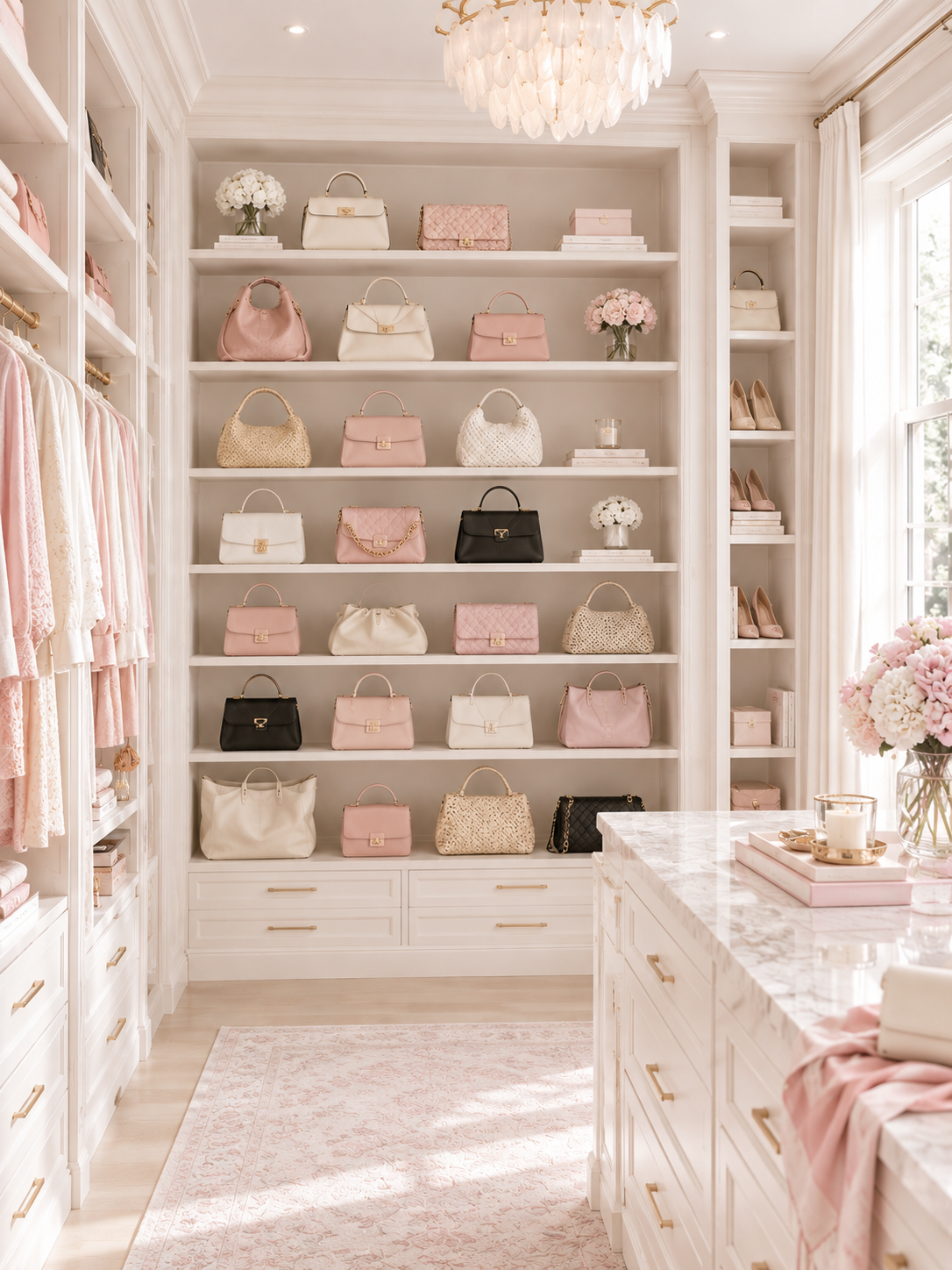 A large beautiful closet with a wall of 2 dozen designer handbags.