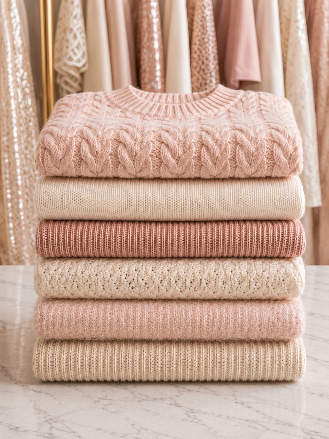 Variety of textured knit wear folded neatly in a stack on a table beautifully displayed