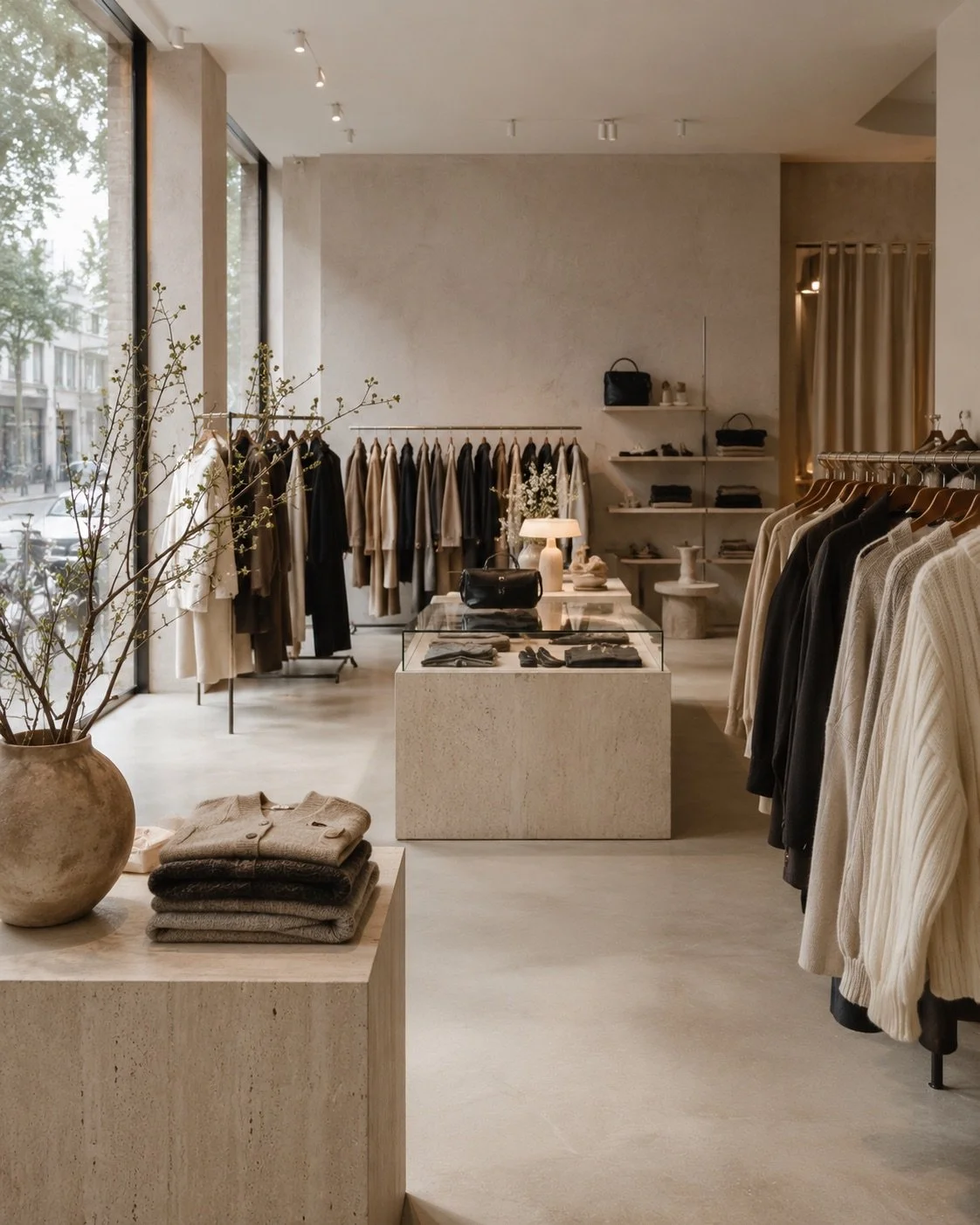 Upscale Scandinavian fashion boutique featuring timeless neutral clothing, premium knitwear, minimalist Danish design, sustainable fashion, ethical shopping,conscious consumerism, and the timeless principles of slow fashion.