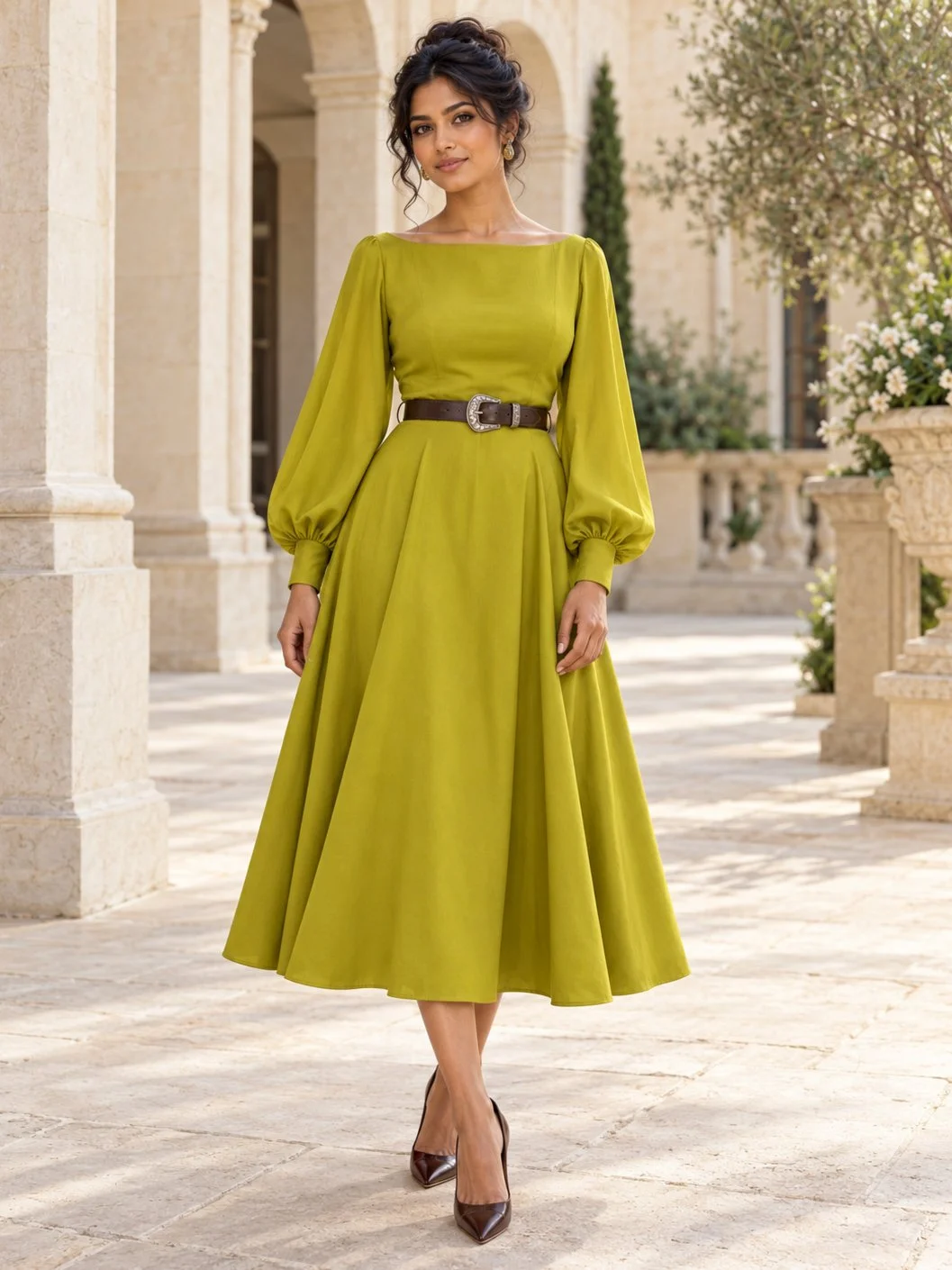 Chartreuse dress Woman wearing a chartreuse midi dress with balloon sleeves and a boat neckline, styled with a dark brown Western belt and pointed pumps.