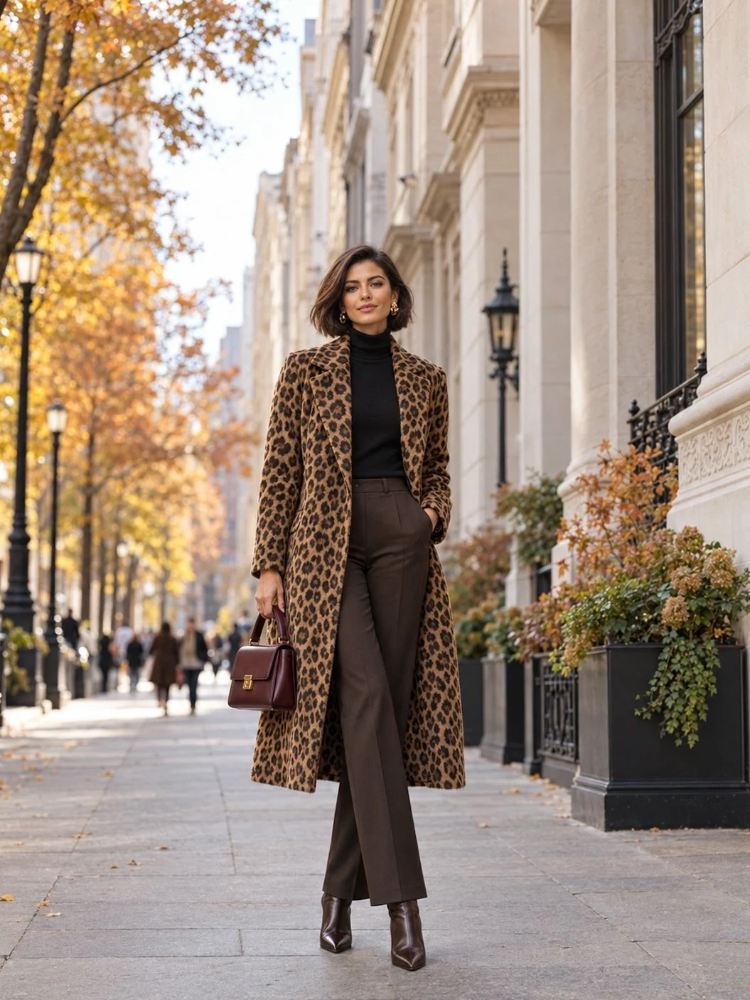 Leopard print coat Woman wearing a long leopard print coat over a black turtleneck and chocolate brown trousers, with pointed ankle boots and a burgundy handbag.