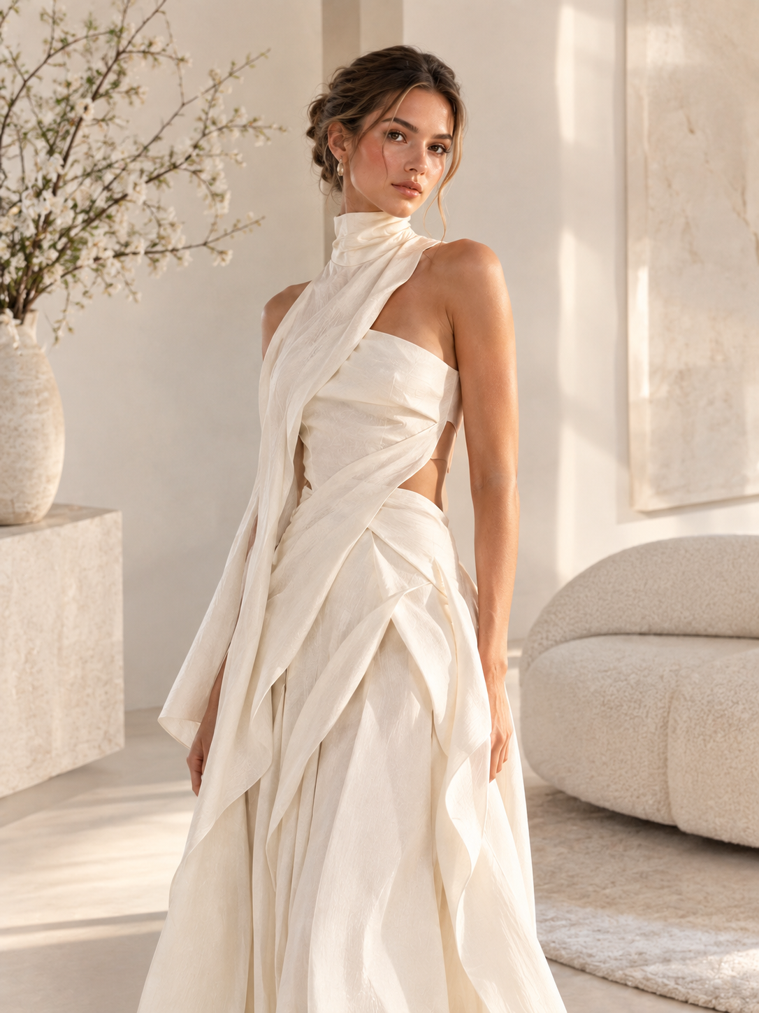 Woman wearing an ivory halter gown with layered, asymmetric draping and waist cutouts in a sunlit cream interior.