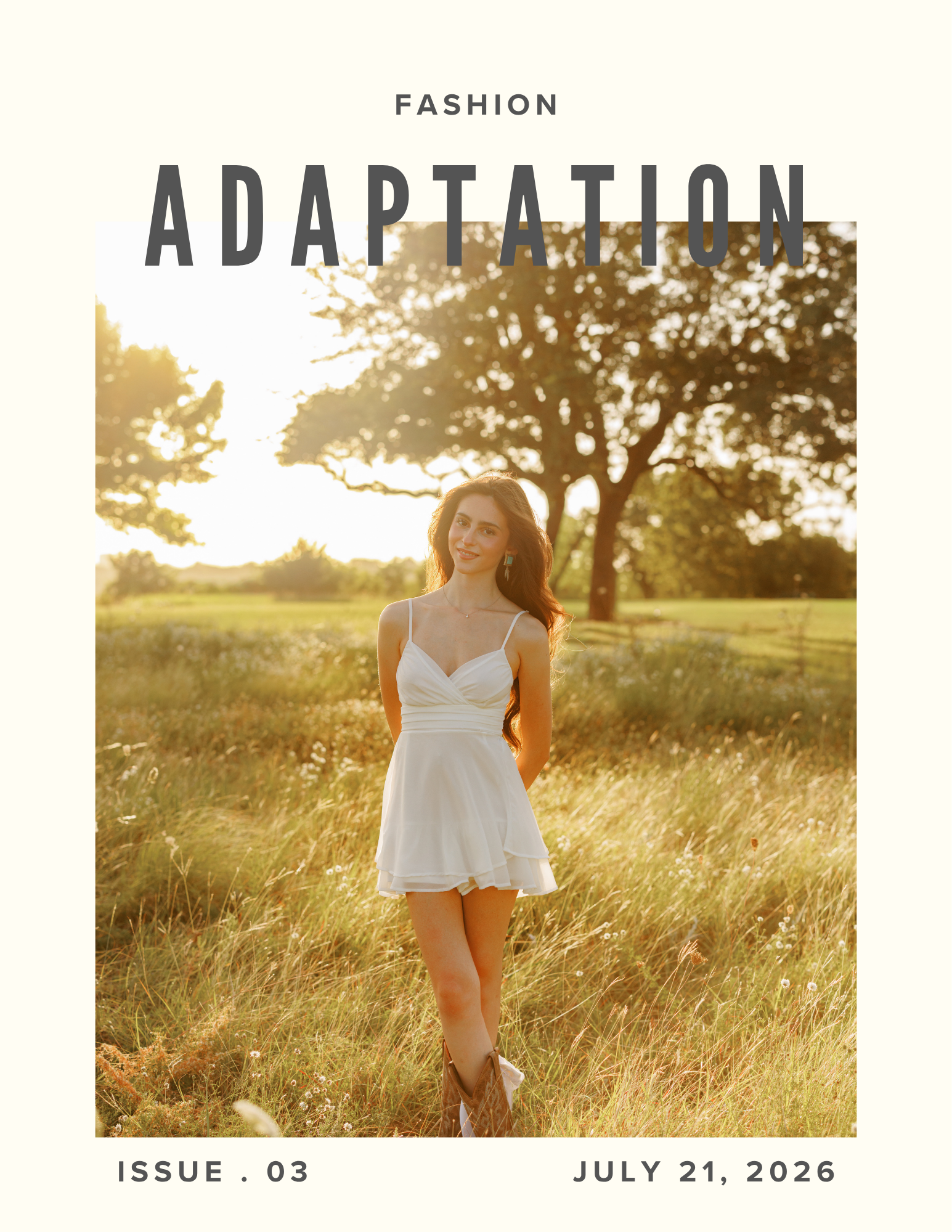 Young woman standing a field of wild grass with oak trees behind her. Wearing a white short summer dress and brown cowboy boots.